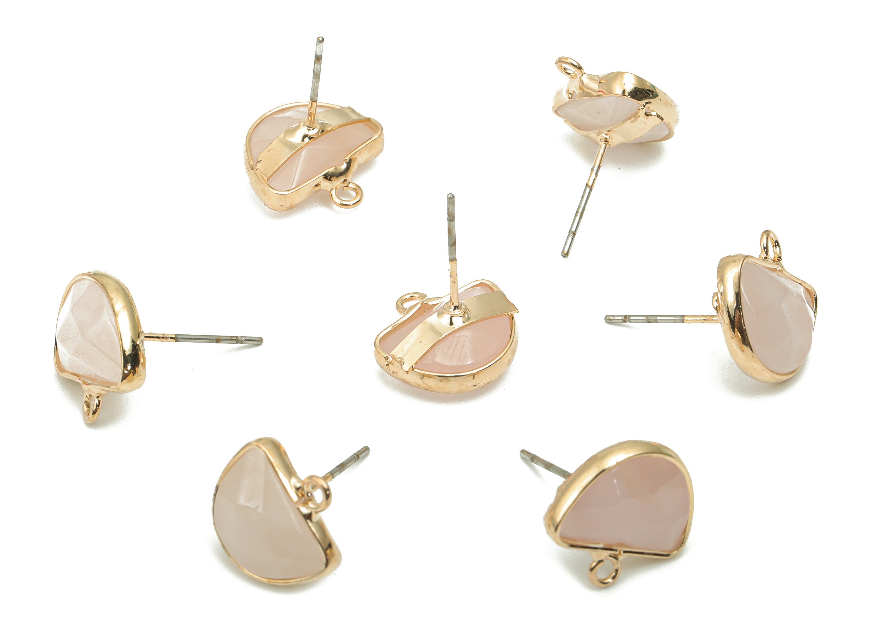 Rose Quartz Crystal Semicircle Stud with Loop - Brass Domed Post - Gold Tone Plated Brass – 316 Stainless Steel Stud - 12.7x12x5mm– NS1600C - DOMEDBAZAAR