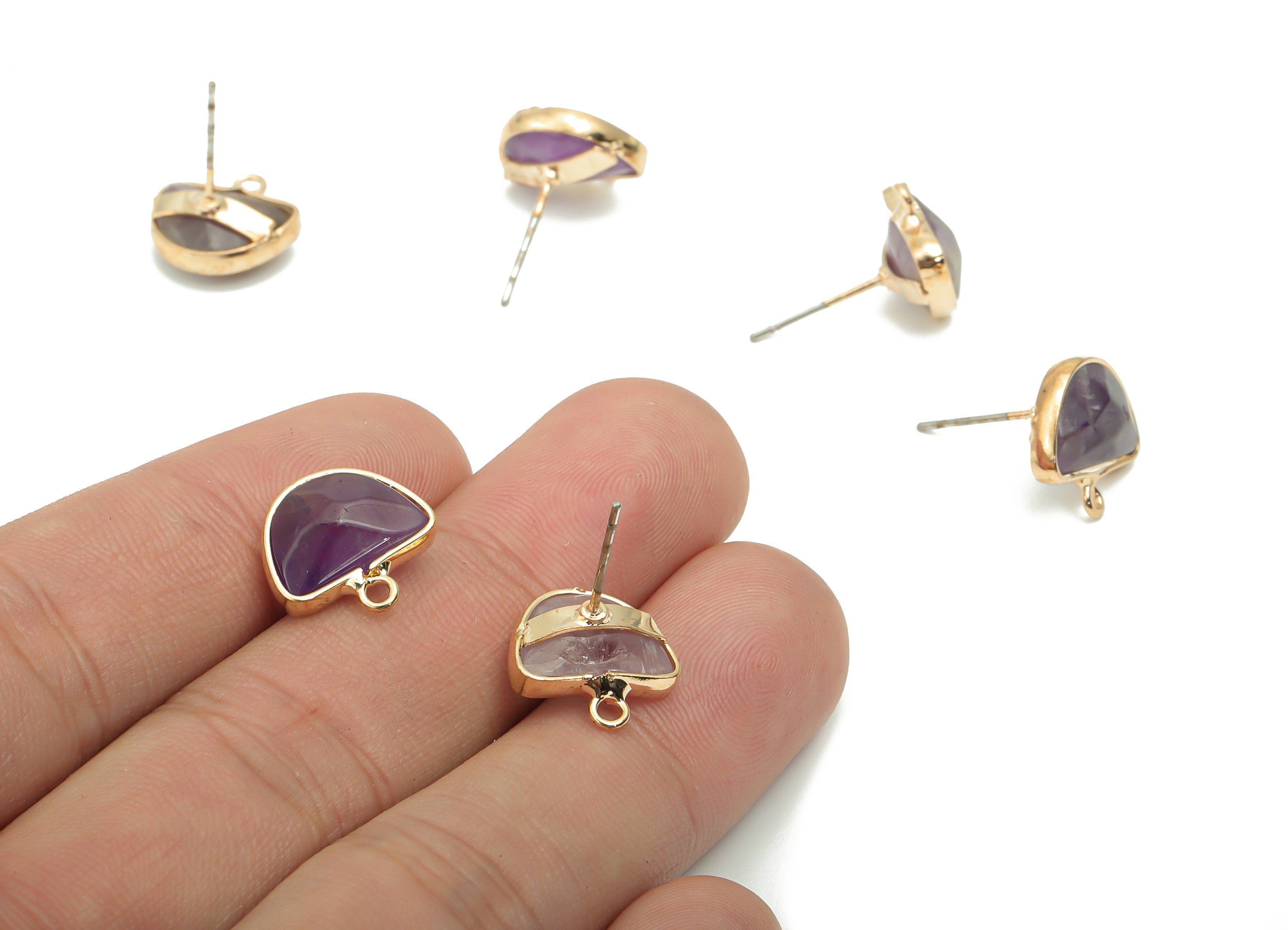 Gray Labradorite Semicircle Stud with Loop - Brass Domed Post - Gold Tone Plated Brass – 316 Stainless Steel Stud - 12.68x12x4.7mm – NS1600F - DOMEDBAZAAR