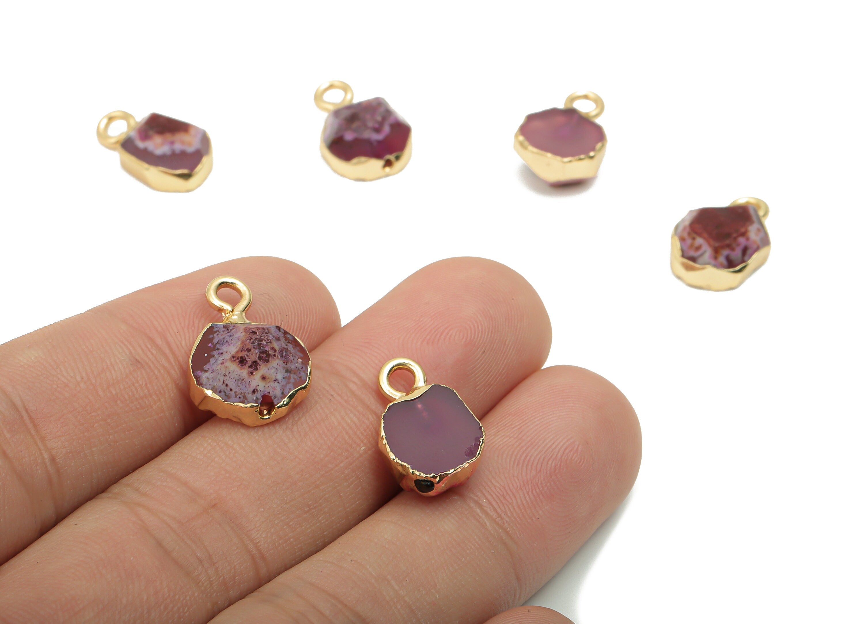 Purple Agate Crystal Earring Charms - Iron Hexagon Pendant - Faceted Natural Stone - Gold Tone Plated Iron – 16.54x11.04x5.57mm – NS1769 - DOMEDBAZAAR