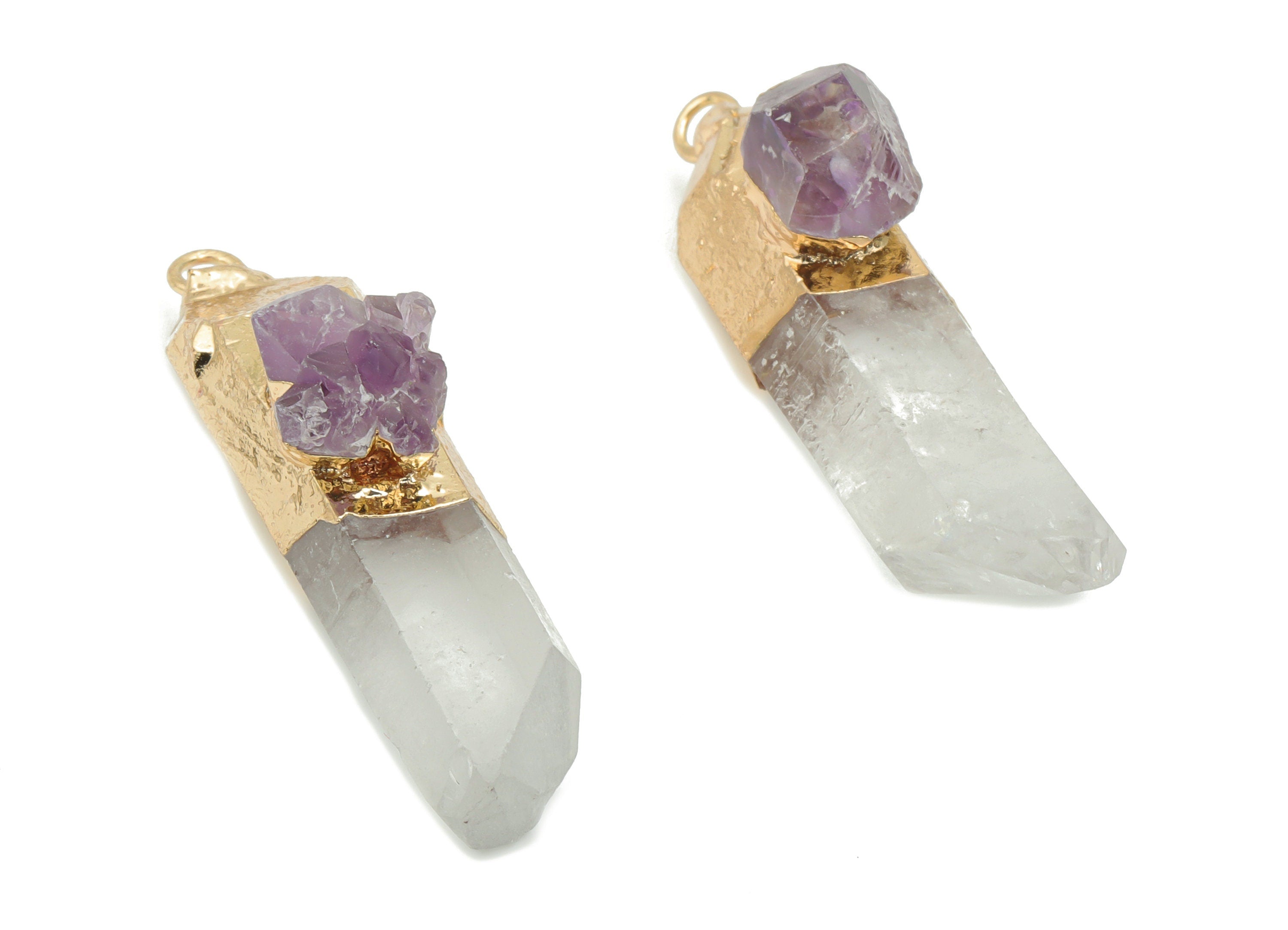 Clear Quartz Amethyst Bar - White Crystal Iron Stick Stone Earring Charms - Natural Stone - Gold Tone Plated Iron – 44.6x10x14mm – NS1770C - DOMEDBAZAAR