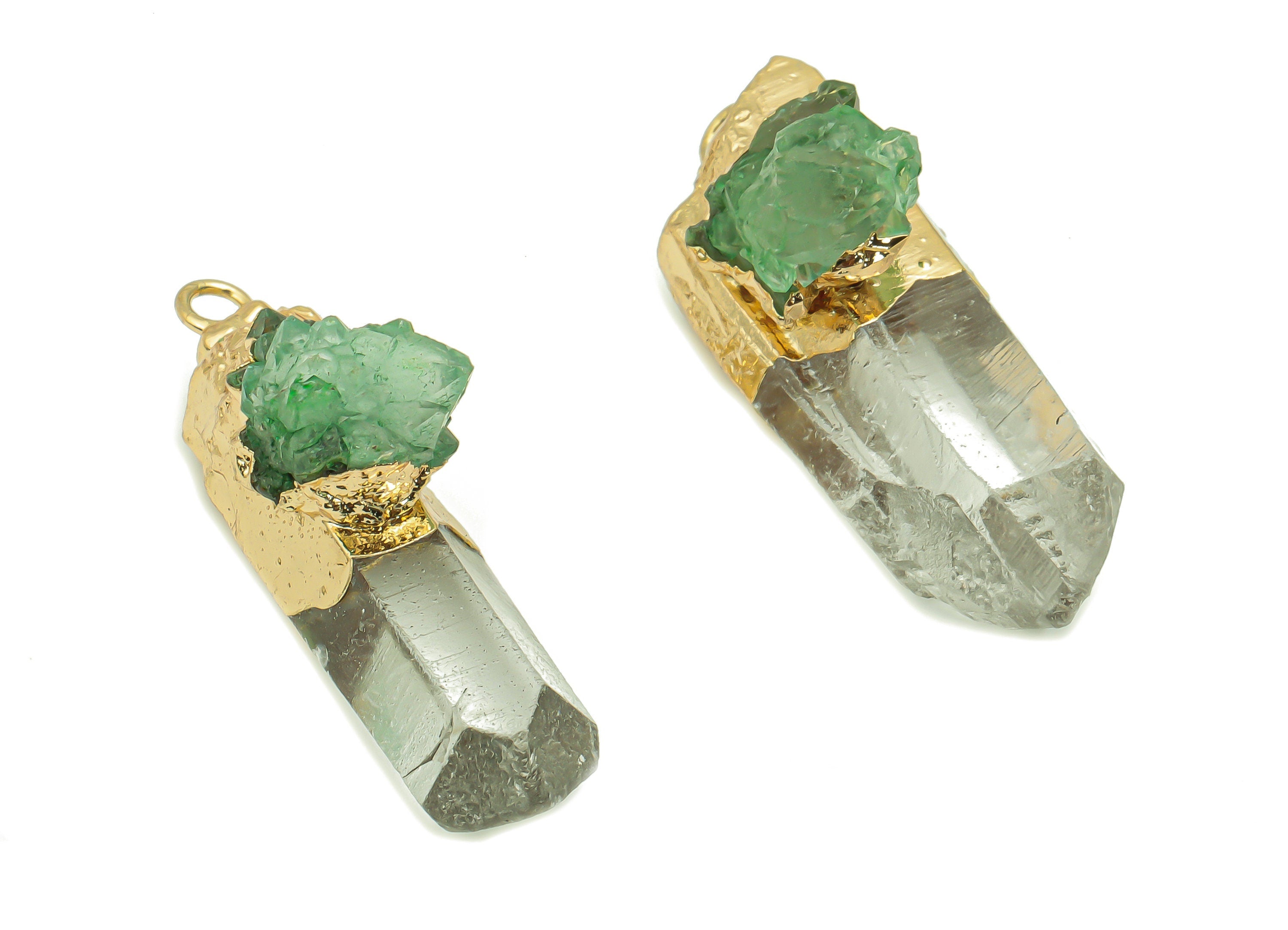 Clear Quartz Green Quartz Bar - White Crystal Iron Stick Stone Charms - Natural Stone - Gold Tone Plated Iron – 40.2x10.1x16.2mm – NS1770D - DOMEDBAZAAR