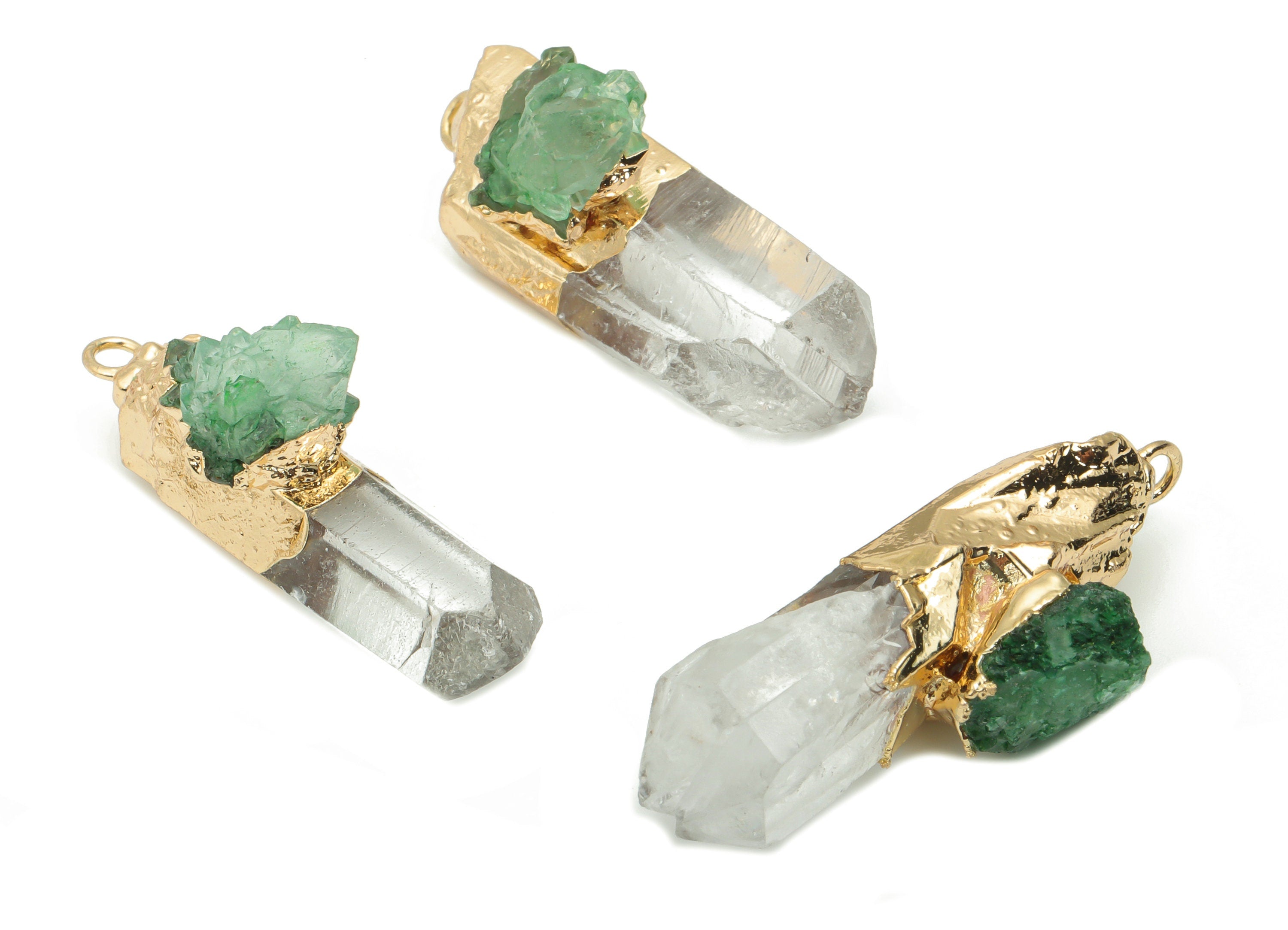 Clear Quartz Green Quartz Bar - White Crystal Iron Stick Stone Charms - Natural Stone - Gold Tone Plated Iron – 40.2x10.1x16.2mm – NS1770D - DOMEDBAZAAR