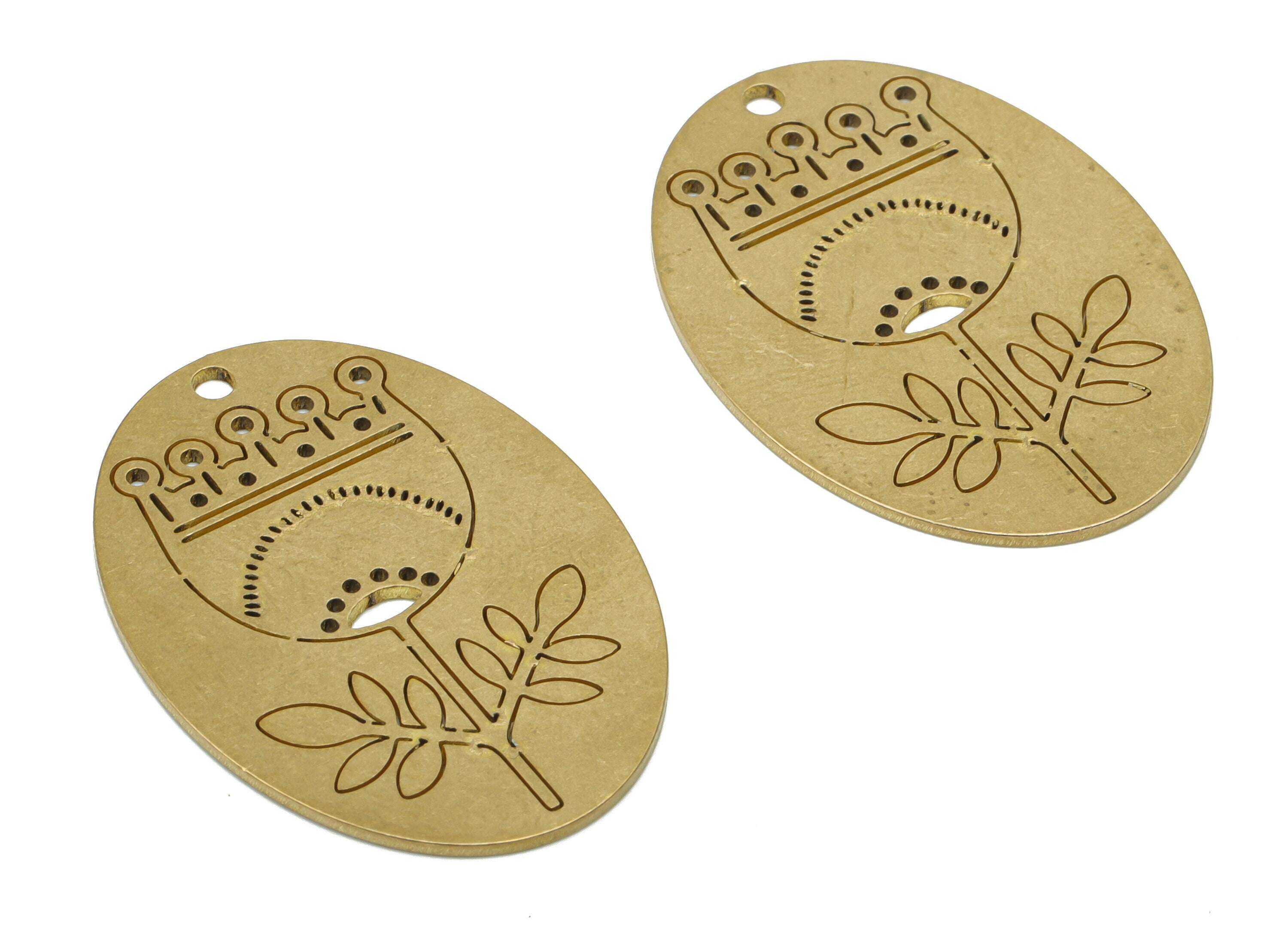 Brass Long Oval Crown Flower Earring Charms - Raw Brass Leaves Oval Pendant - Jewelry Making Supplies - 35.86x25.43x0.85mm - PPA3601 - DOMEDBAZAAR