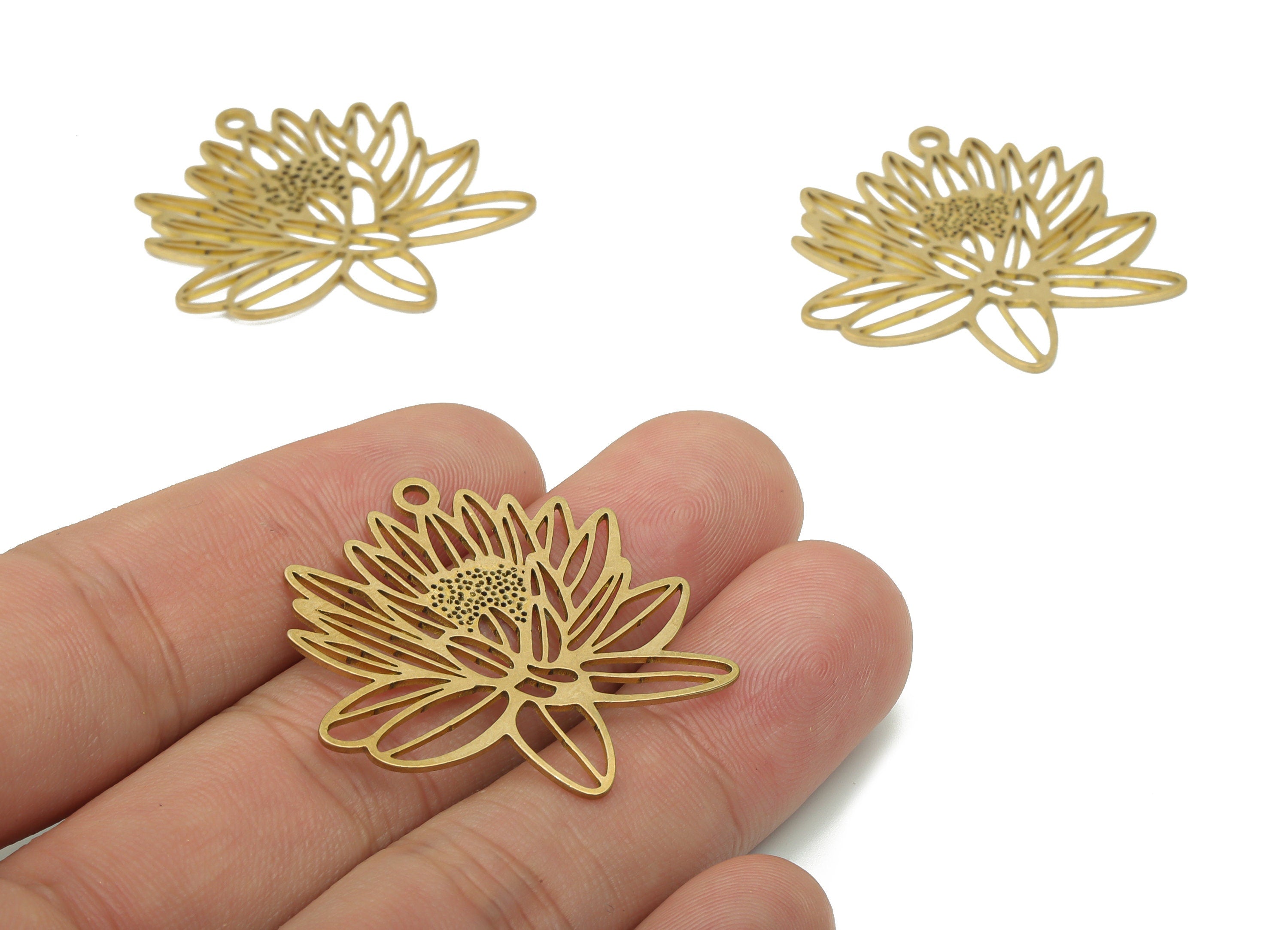 Brass Bubble Lotus Earring Charms - Raw Brass Bubble Flower Pendant - DIY Jewelry Making Supplies - 34.07x34.84x0.73mm - PPA3433 - DOMEDBAZAAR