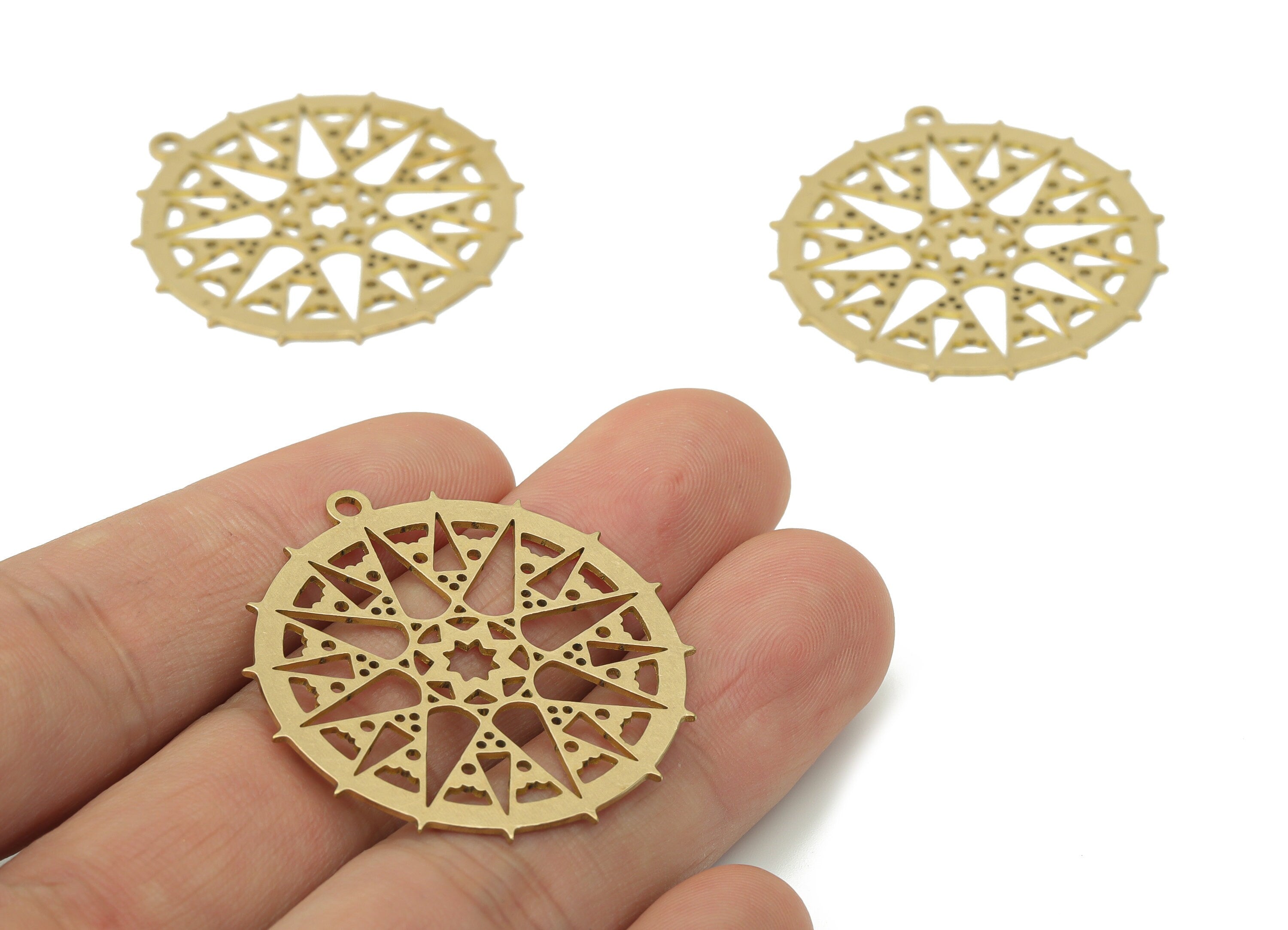 Brass Wave Bubble Round Plant Earring Charms - Raw Brass Triangles Compass Star Pendant - Jewelry Supplies - 37.49x35.65x0.7mm - PPA3608 - DOMEDBAZAAR