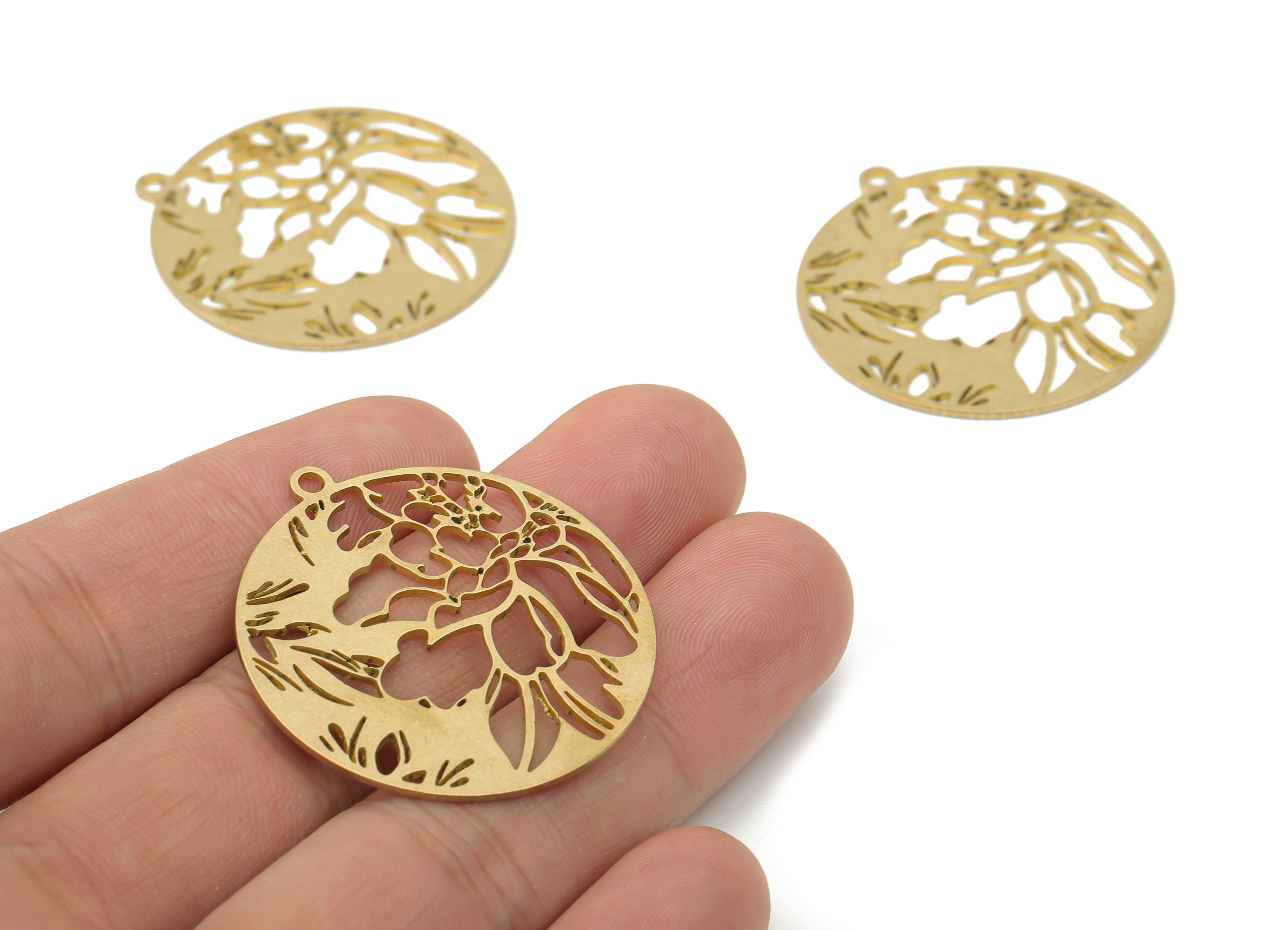 Brass Round Botanical Tree Root Earring Charms - Raw Brass Flowers Giant Trees Pendant - Jewelry Supplies - 37.67x34.6x0.87mm - PPA3738 - DOMEDBAZAAR