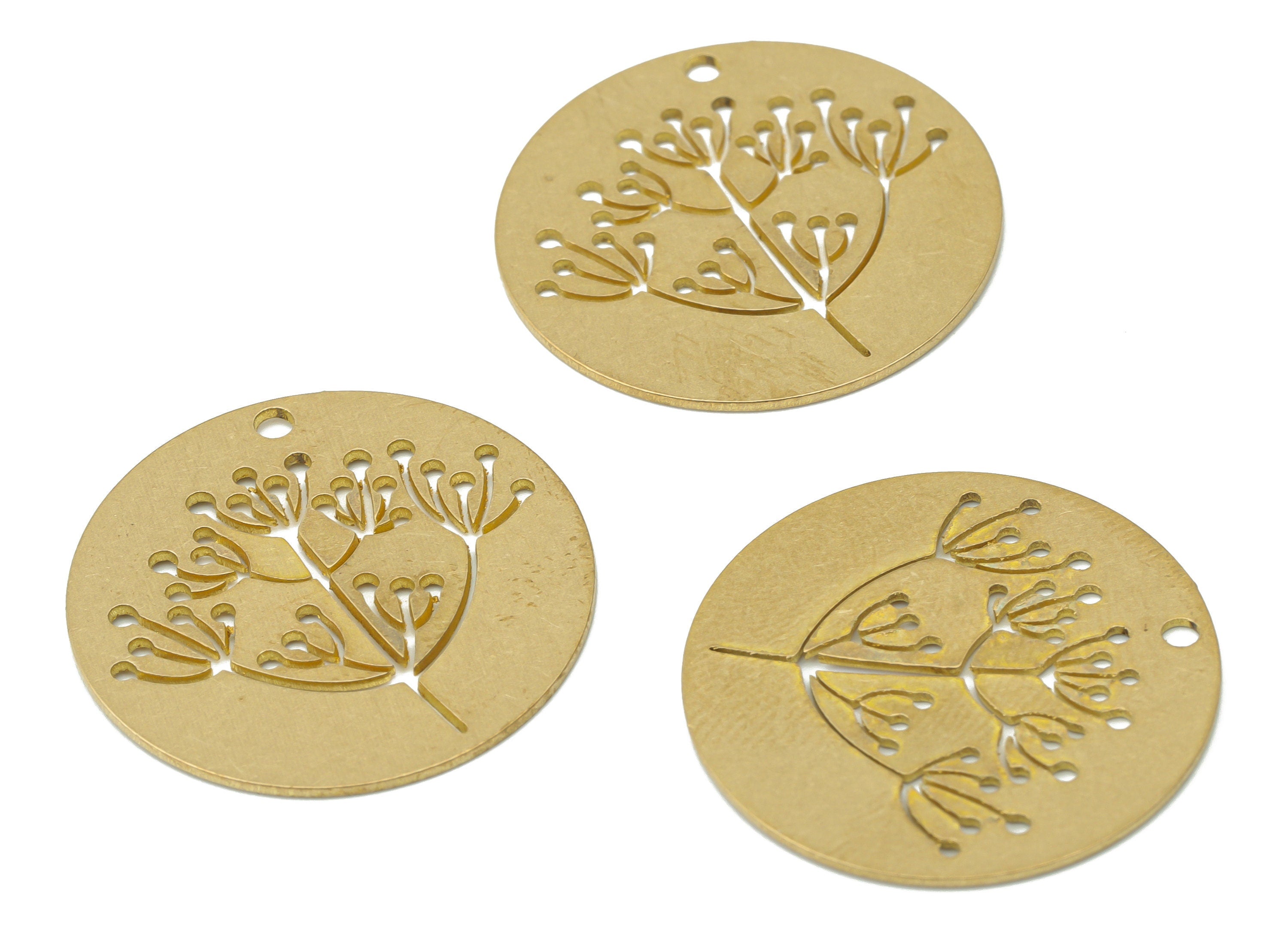 Brass Round Life Tree Rib Nervure Branches Earring Charms - Raw Brass Flower Circle Pendant - Jewelry Supplies - 24.76x24.76x0.6mm - PPA3458 - DOMEDBAZAAR