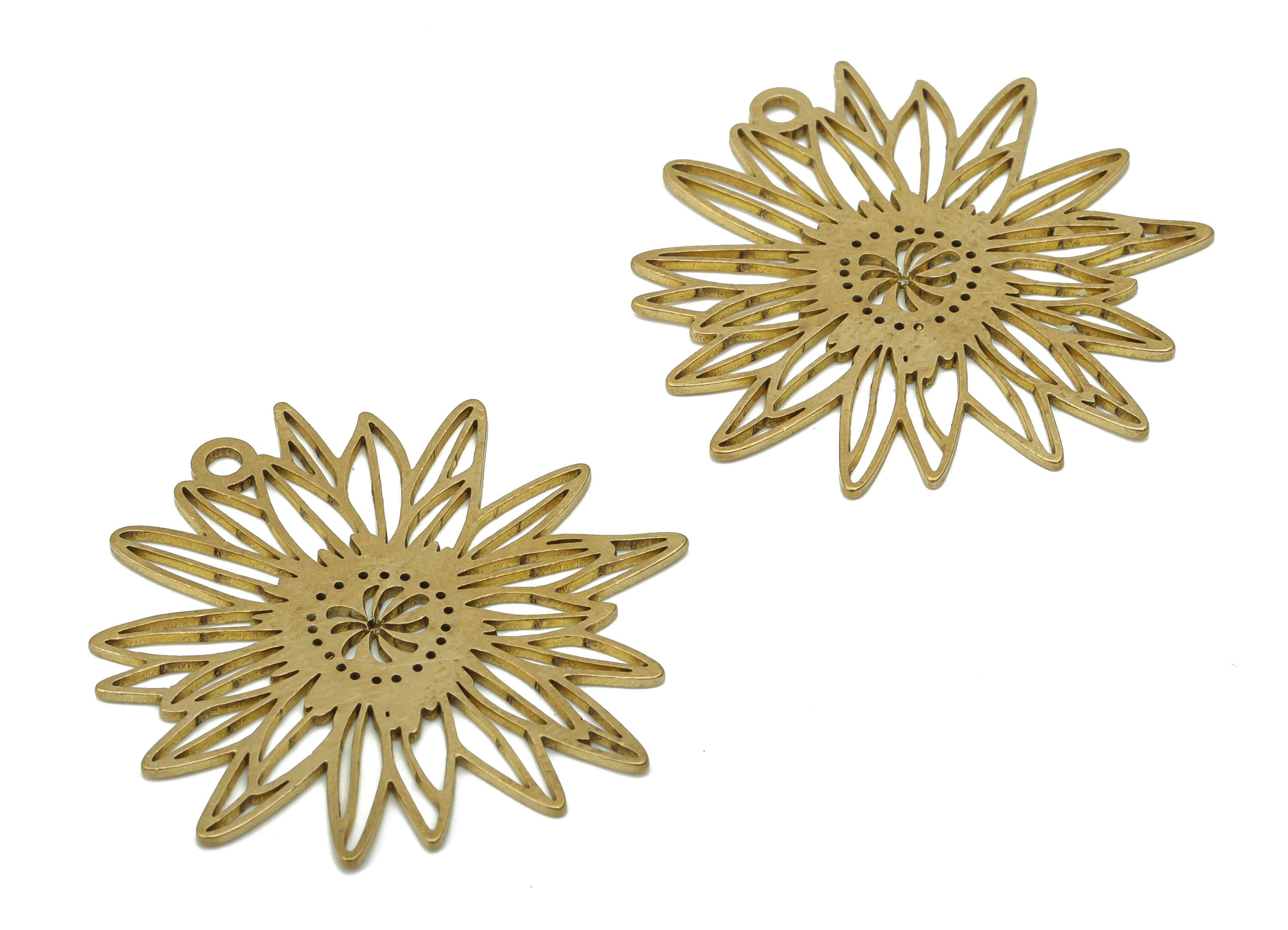 Brass Sunflower Earring Charms - Raw Brass Bubble Flower Pendant - DIY Jewelry Making Supplies - 34.66x34.16x0.75mm - PPA3426 - DOMEDBAZAAR