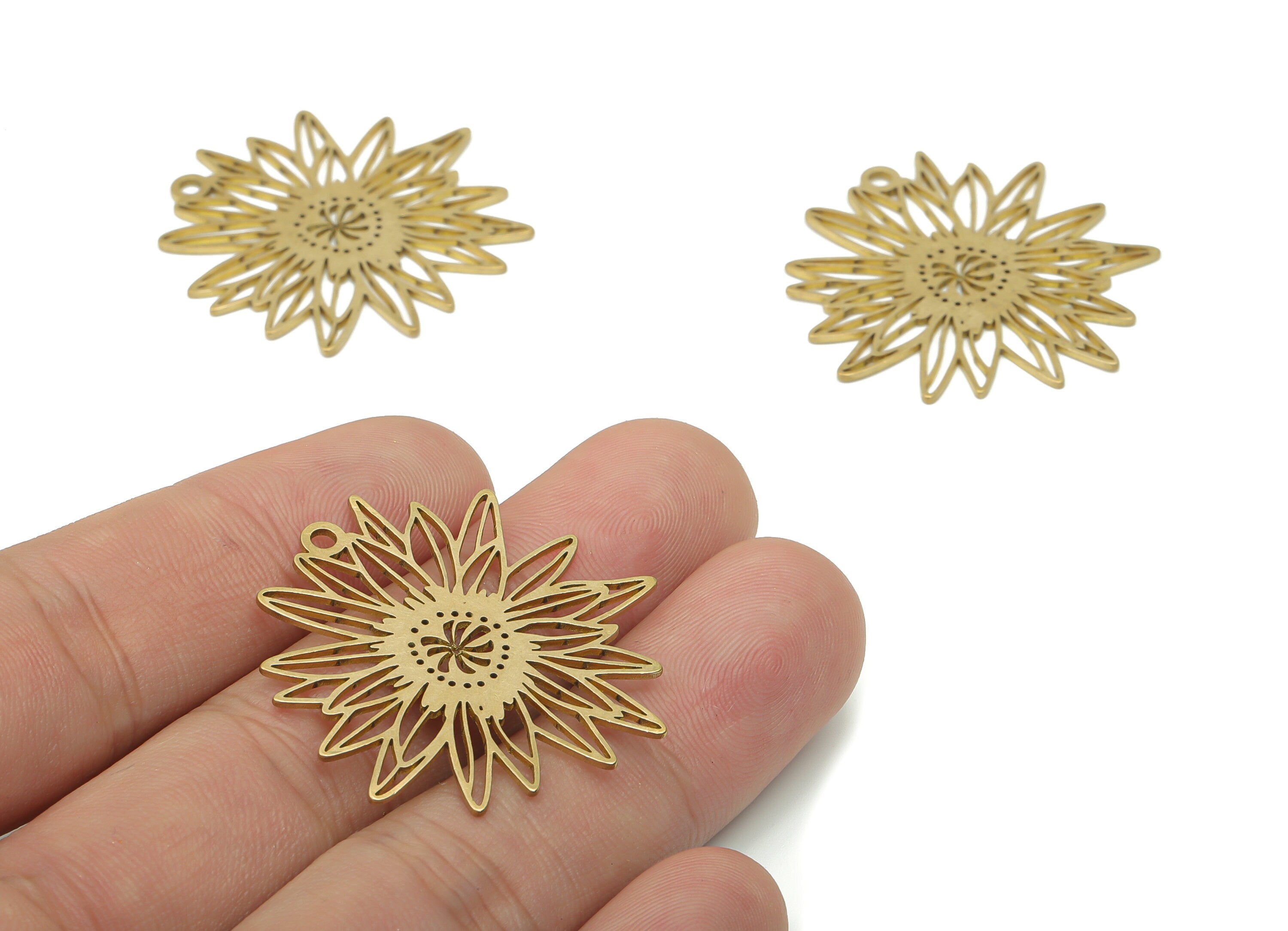Brass Sunflower Earring Charms - Raw Brass Bubble Flower Pendant - DIY Jewelry Making Supplies - 34.66x34.16x0.75mm - PPA3426 - DOMEDBAZAAR