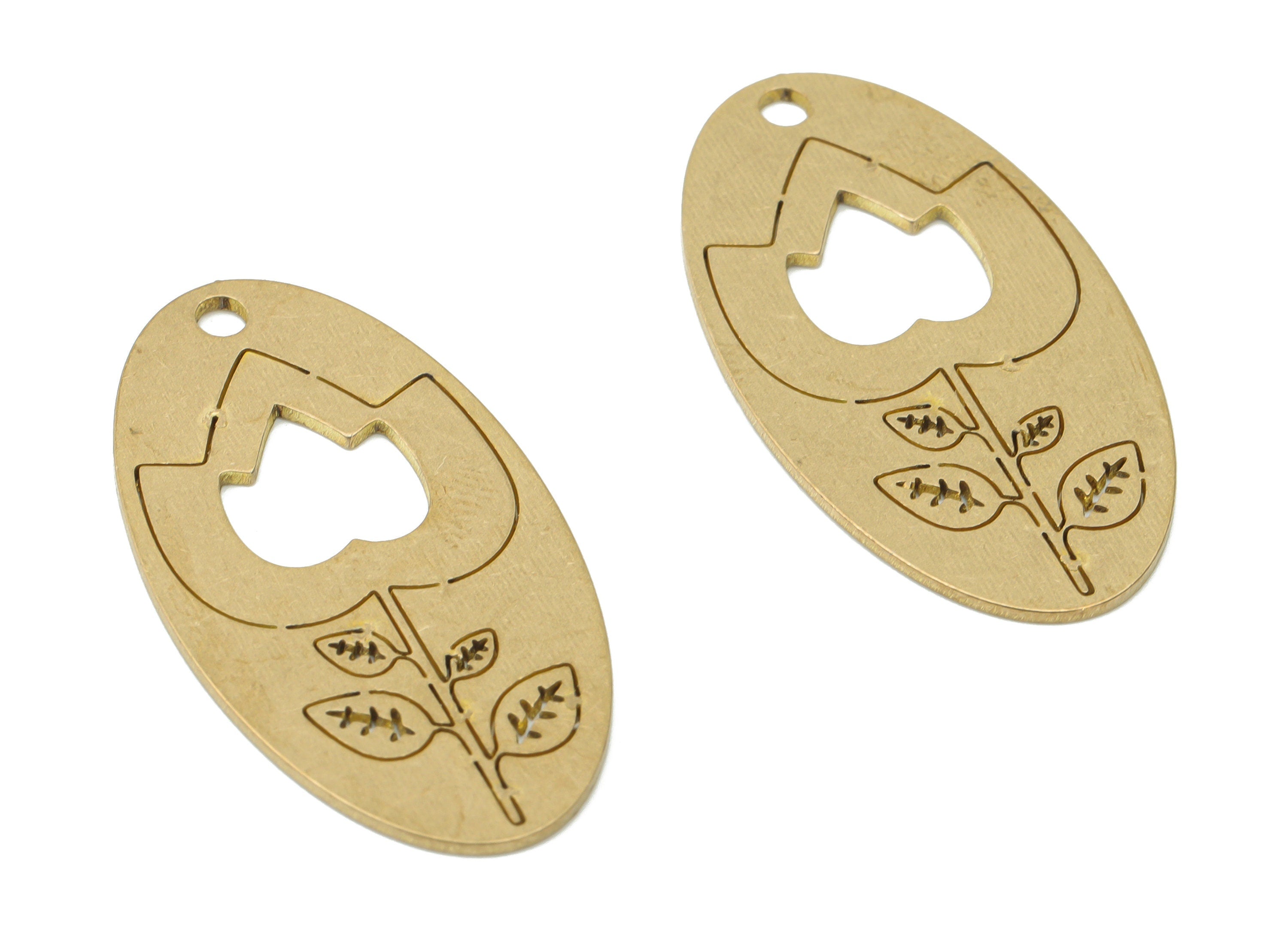 Brass Tulip Long Oval Flower Earring Charms - Raw Brass Leaves Oval Pendant - Earring Charms For Jewelry Making - 31.82x17.04x0.7mm- PPA3638 - DOMEDBAZAAR