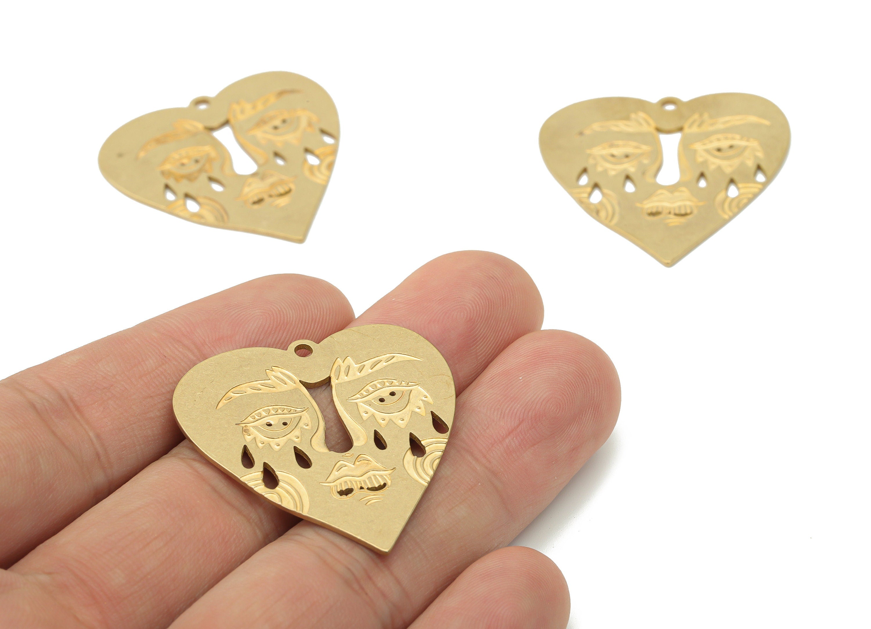 Brass Engraved Heart Abstract Face Earring Charms - Raw Brass Erying Face Heart Pendant - Jewelry Making - 34.44x33.45x0.84mm - PPZ0038 - DOMEDBAZAAR