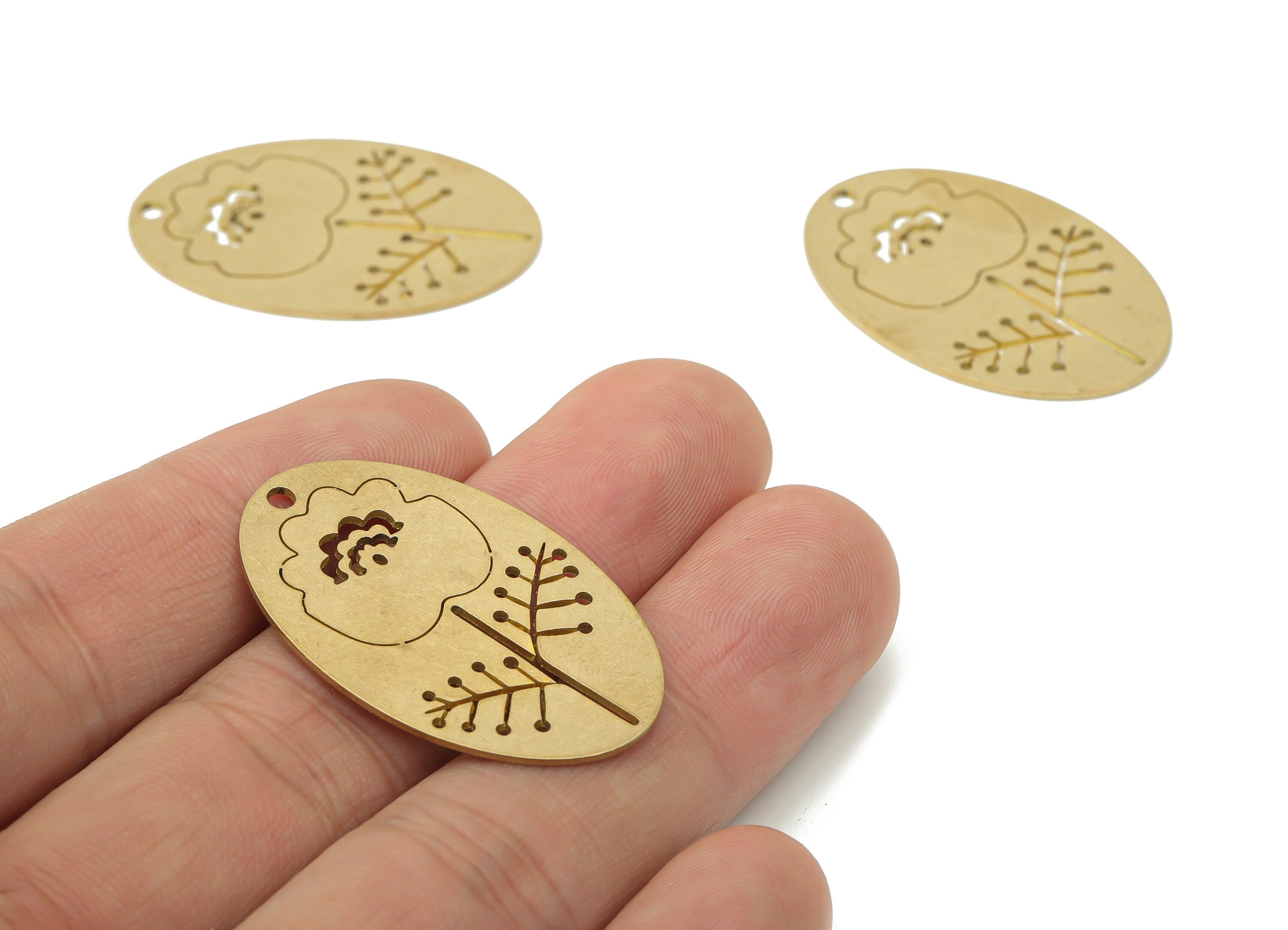 Brass Botanical Long Oval Flower Earring Charms - Raw Brass Rib Nervure Branches Oval Pendant - Jewelry Making - 35.82x23x0.78mm - PPA3649 - DOMEDBAZAAR