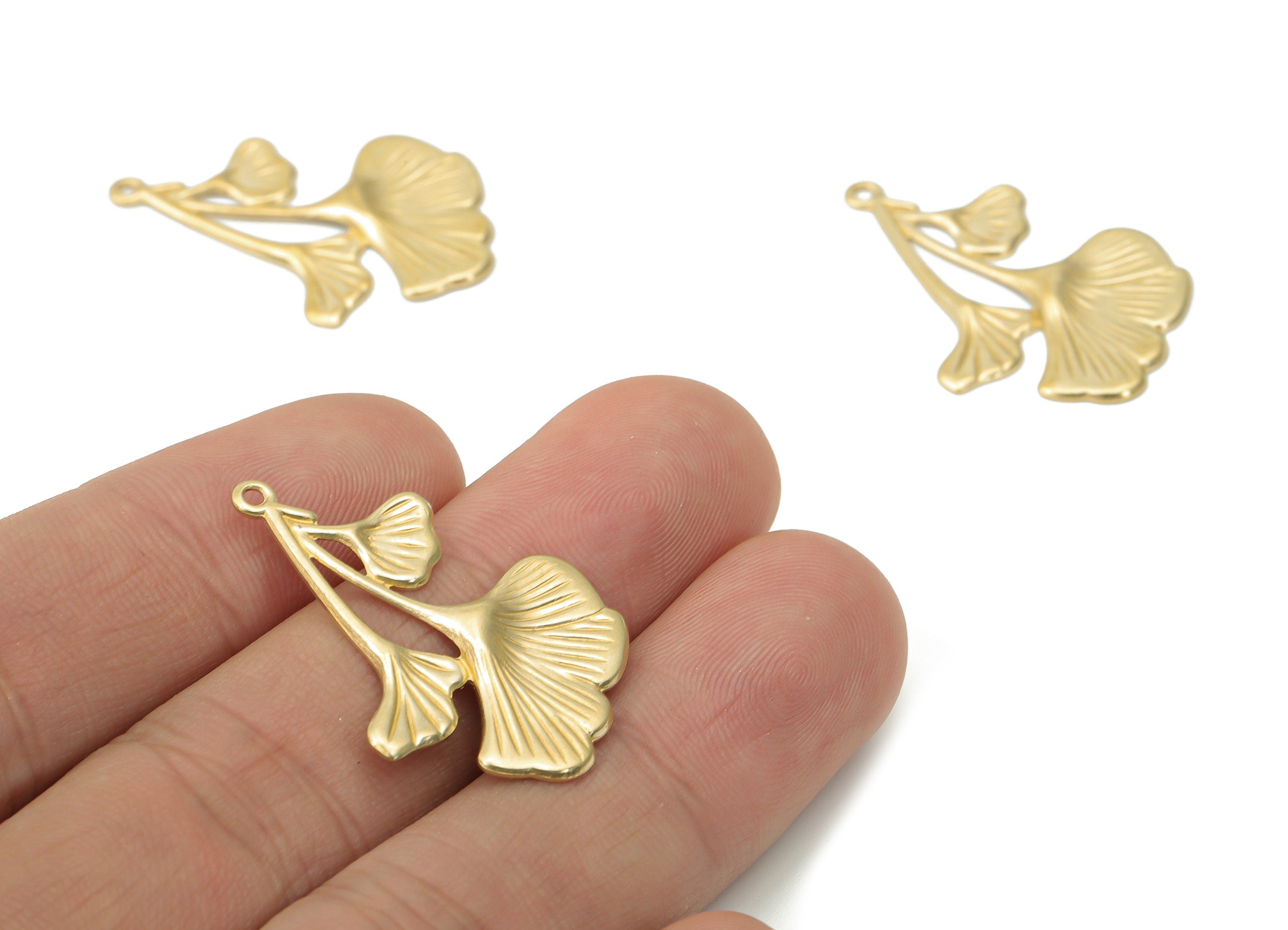 Brass Relief Ginko Earring Charms - Raw Brass Flower Pendant - Jewelry Making Supplies - 32.2x22.37x1.4mm - PP5213 - DOMEDBAZAAR