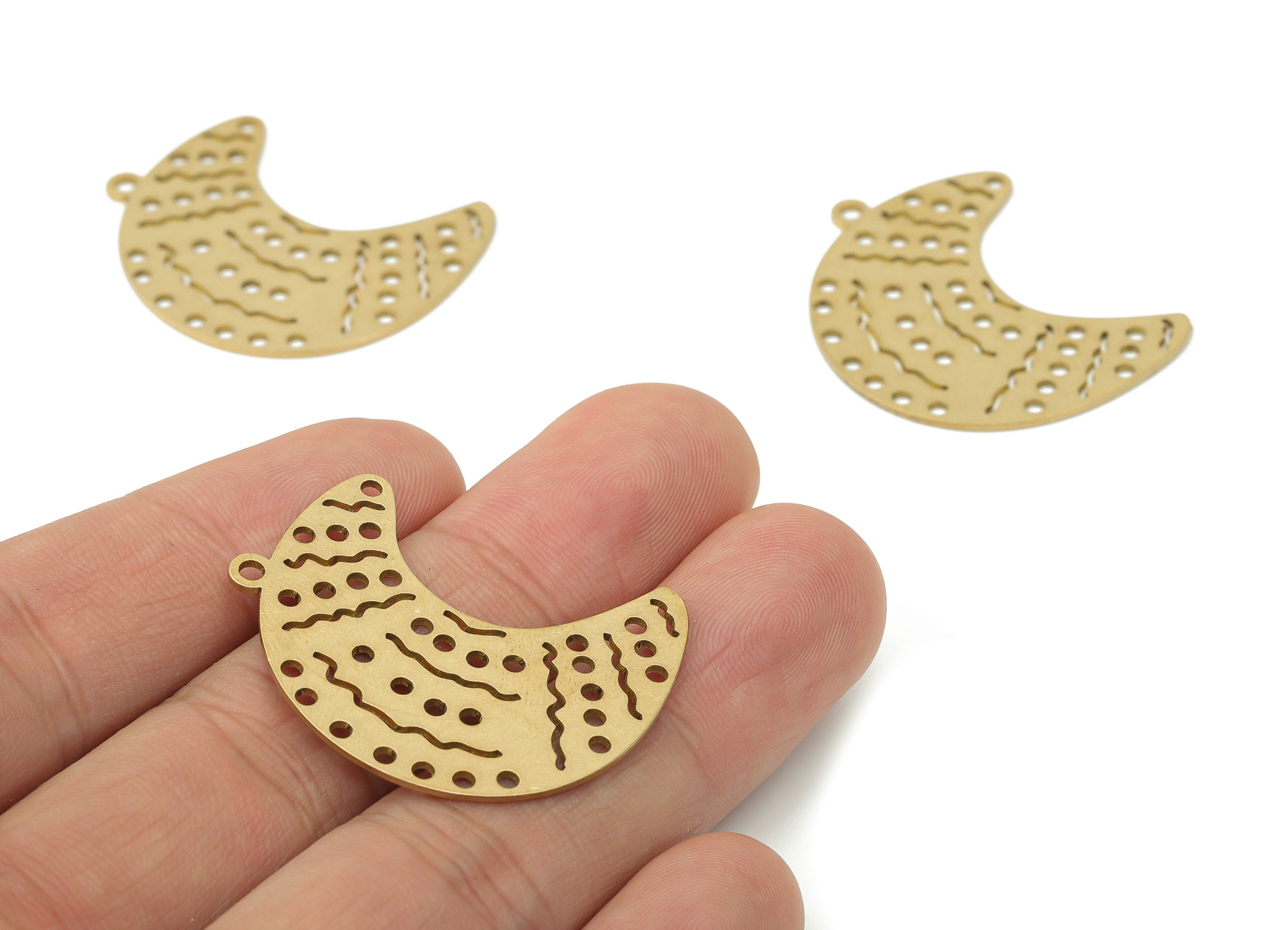 Brass Bubble Crescent Earring Charms - Raw Brass Wave Moon Pendant - Jewelry Making Supplies - 35.1x27.64x0.75mm - PPA3380 - DOMEDBAZAAR