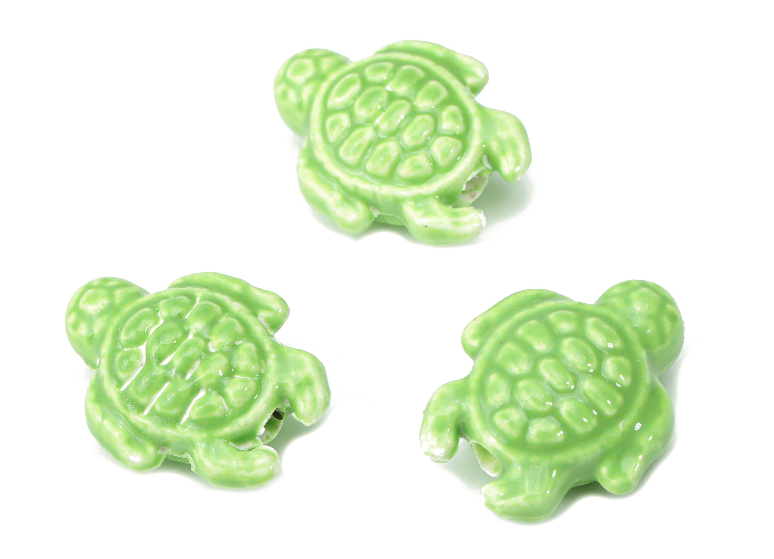 Glazed Ceramic Turtle Beads - Green Carved Turtle Beads - Handmade Connectors Beads - Bracelet Making Beads - 18.86x14.95x8.13mm - NS1836F - DOMEDBAZAAR
