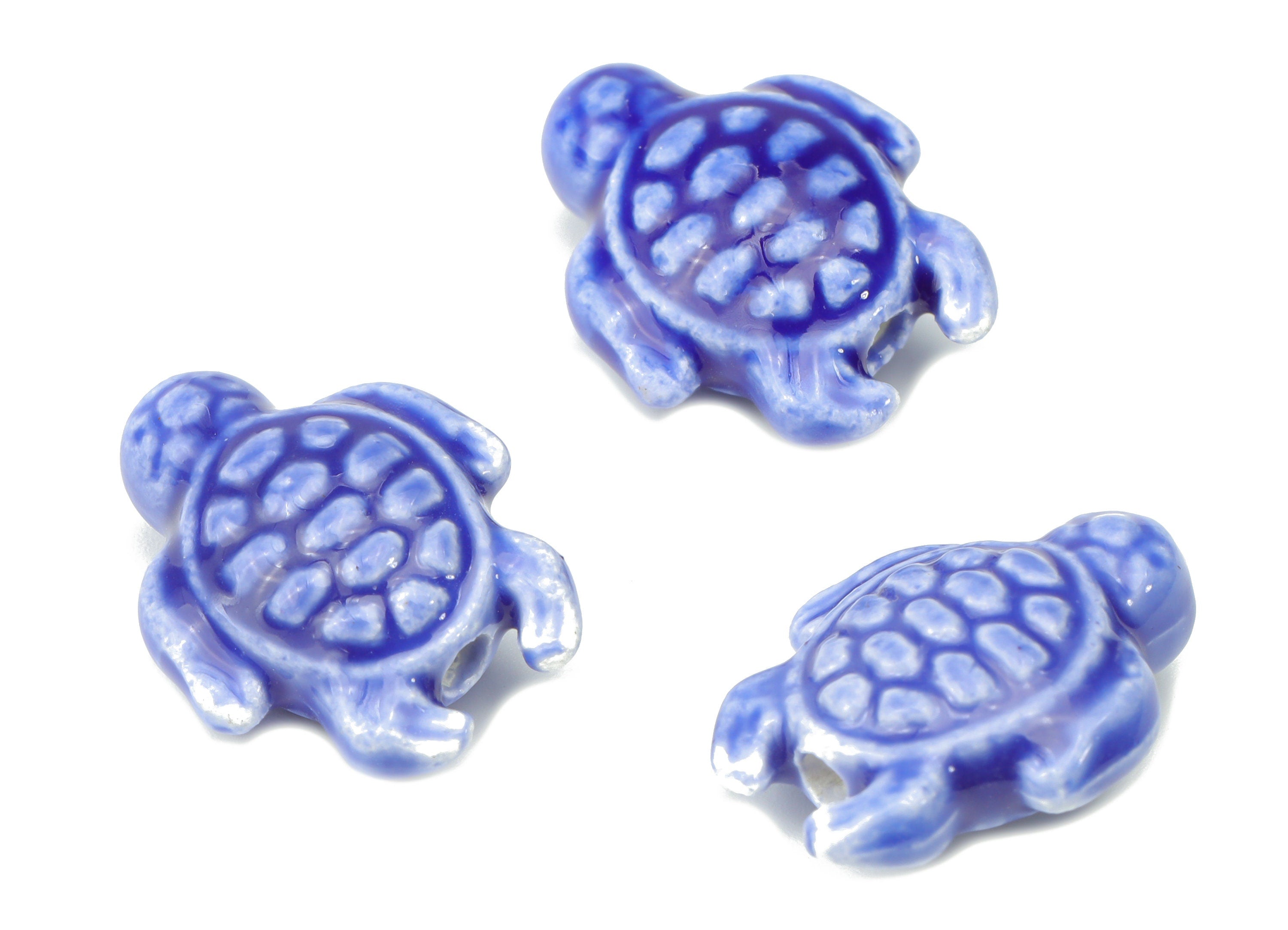 Glazed Ceramic Turtle Beads - Blue Carved Turtle Beads - Handmade Beads - Bracelet Beads - Connectors Beads - 18.86x14.95x8.13mm - NS1836A - DOMEDBAZAAR