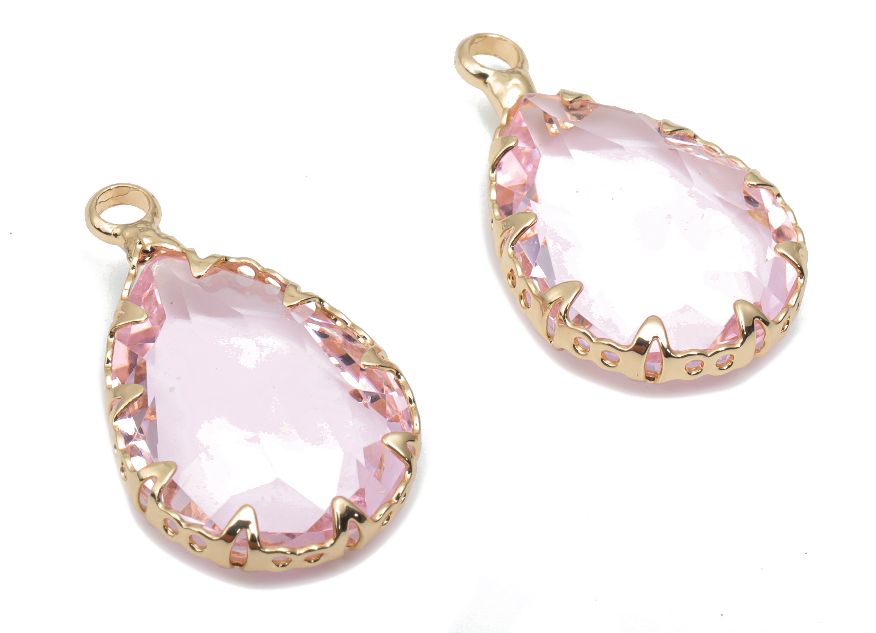 Glass Drop Earring Charms With Loop - Brass Teardrop Frame Pendant - Gold Tone Plated Brass - Faceted Glass - 23.79x13.7x6.17mm - GS1124A - DOMEDBAZAAR