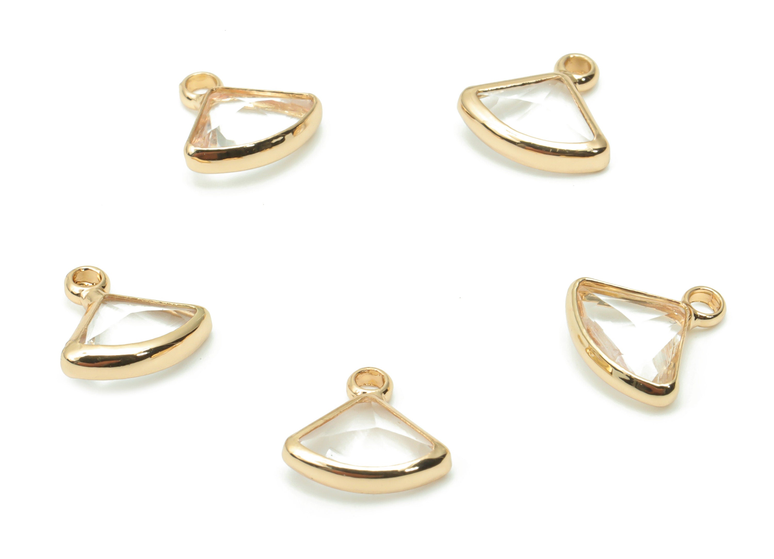 Glass Mini Triangle Loop Earring Charms - Brass Mini Fan Frame Pendant - Gold Tone Plated Brass - Faceted Glass - 9.15x9.08x3.24mm - GS1093 - DOMEDBAZAAR