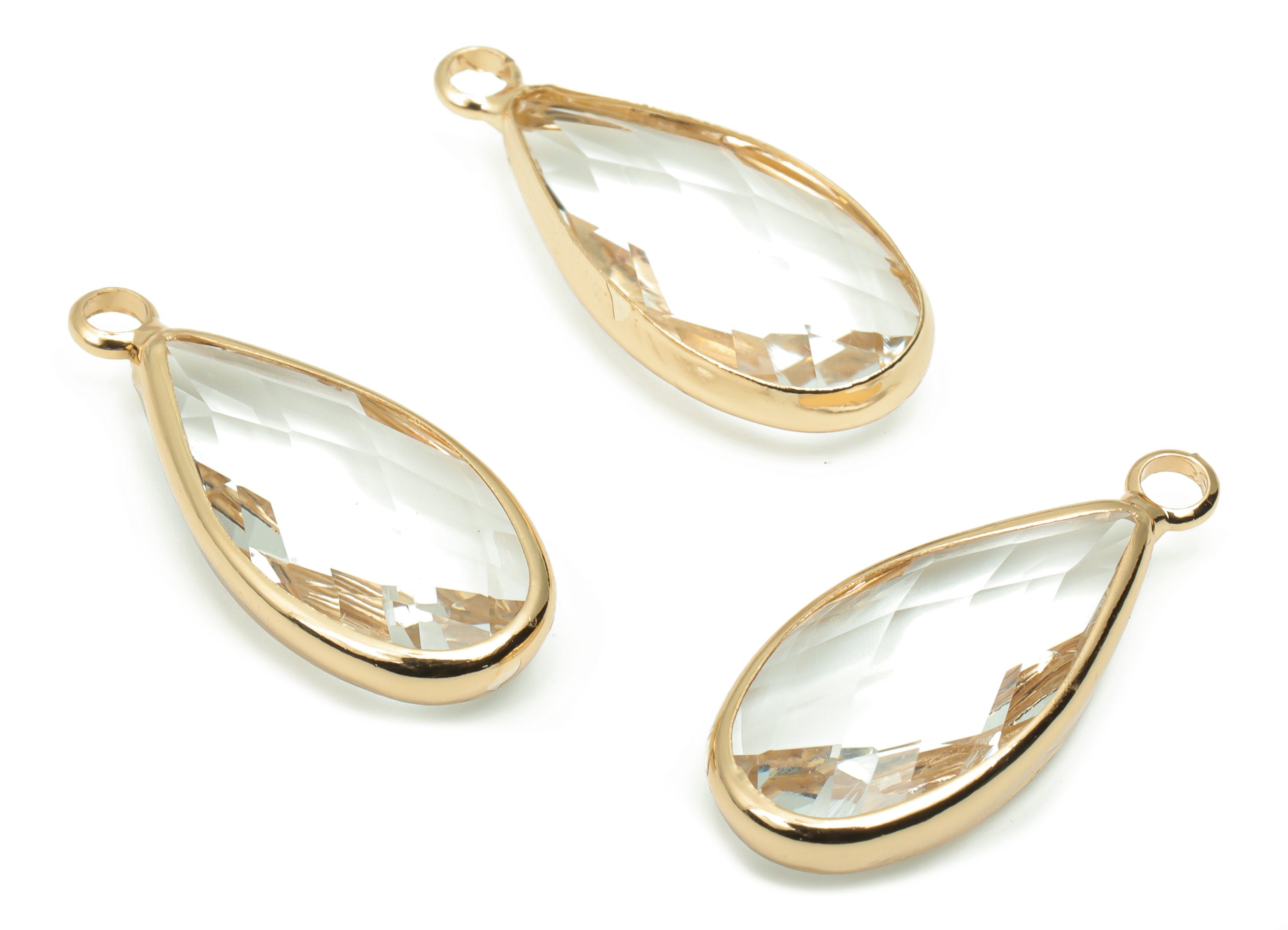Glass Drop Loop Earring Charms - Brass Teardrop Frame Pendant - Gold Tone Plated Brass - Faceted Glass - 24.13x10.58x4.84mm - GS1089 - DOMEDBAZAAR