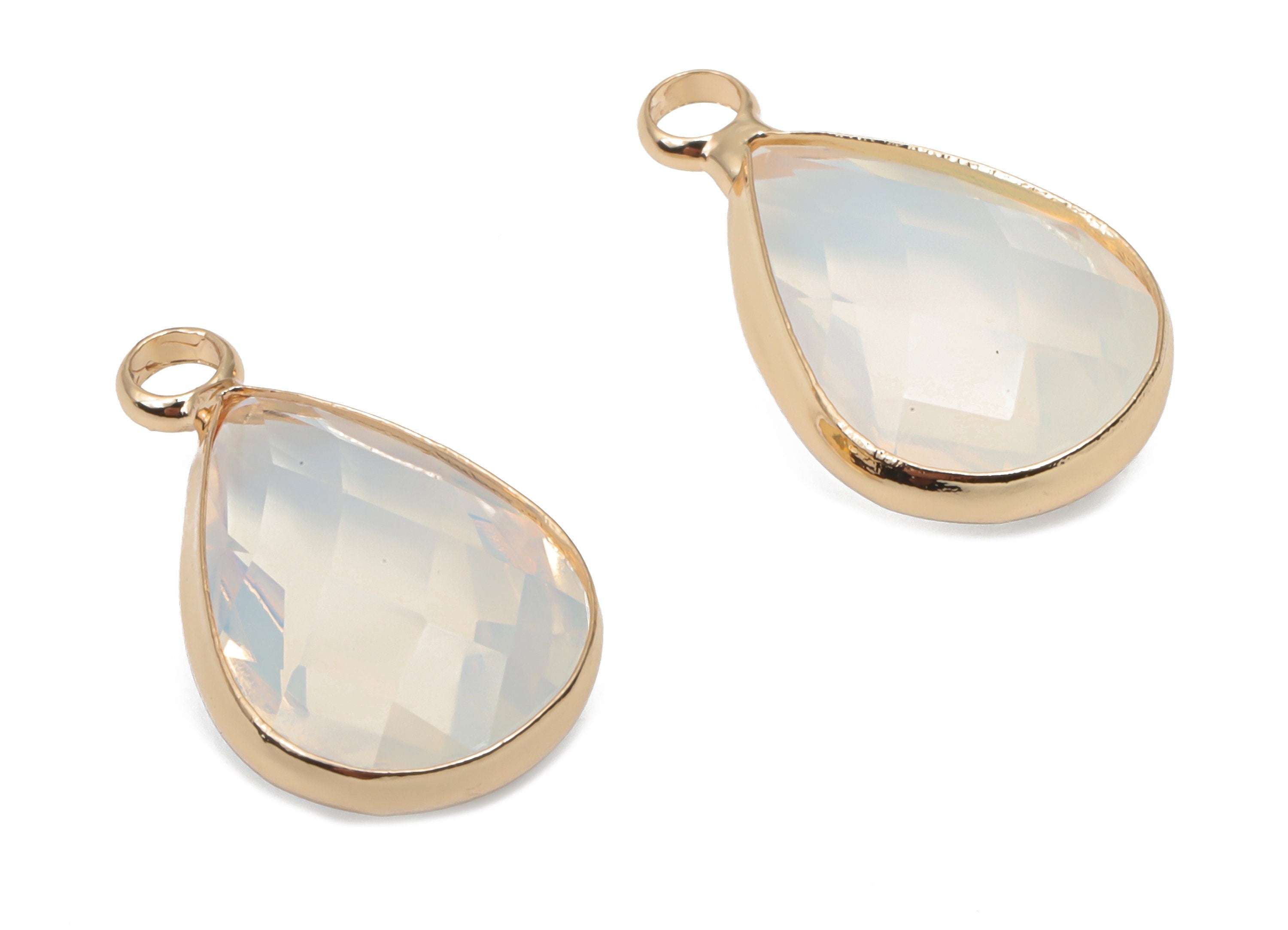Glass Drop Earring Charms With Loop - Brass Teardrop Frame Pendant - Gold Tone Plated Brass - Faceted Glass - 18.24x10.68x5.29mm - GS1128 - DOMEDBAZAAR