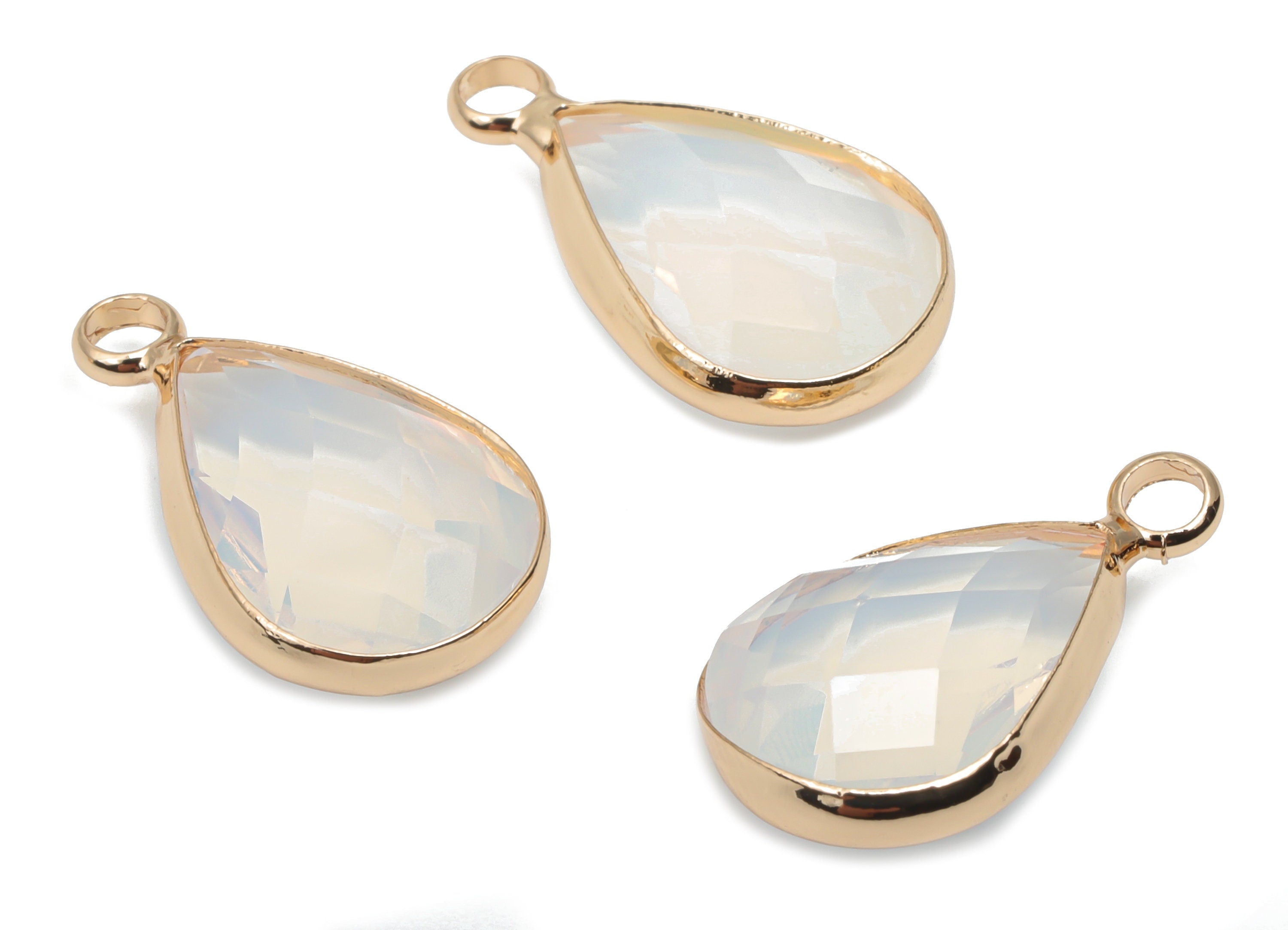Glass Drop Earring Charms With Loop - Brass Teardrop Frame Pendant - Gold Tone Plated Brass - Faceted Glass - 18.24x10.68x5.29mm - GS1128 - DOMEDBAZAAR