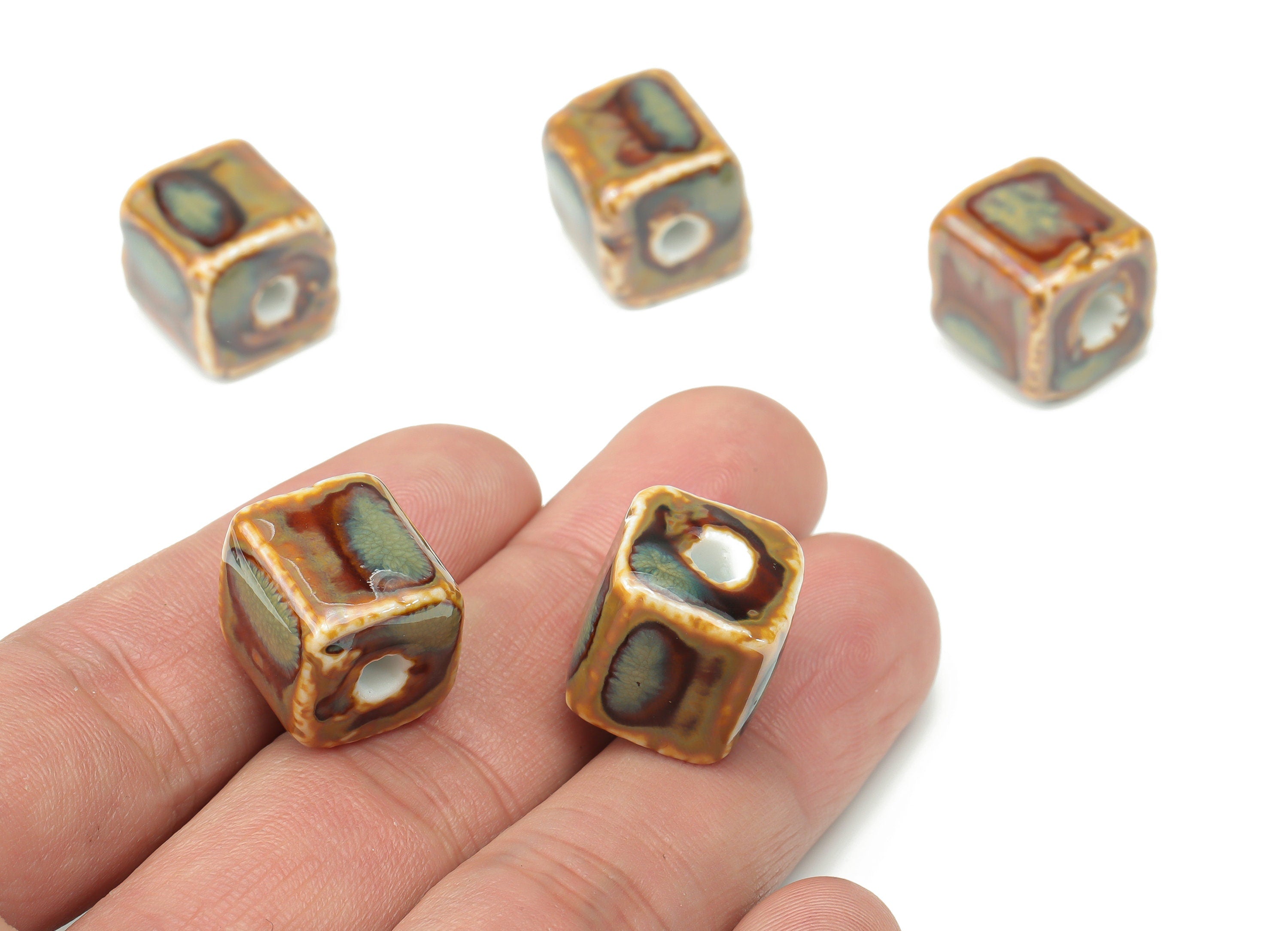 Glazed Ceramic Cube Beads - Carved Cube Beads - Handmade Beads - Bracelet Making Beads - Connectors Beads - 14.32x14.32x14.14mm - NS1808 - DOMEDBAZAAR