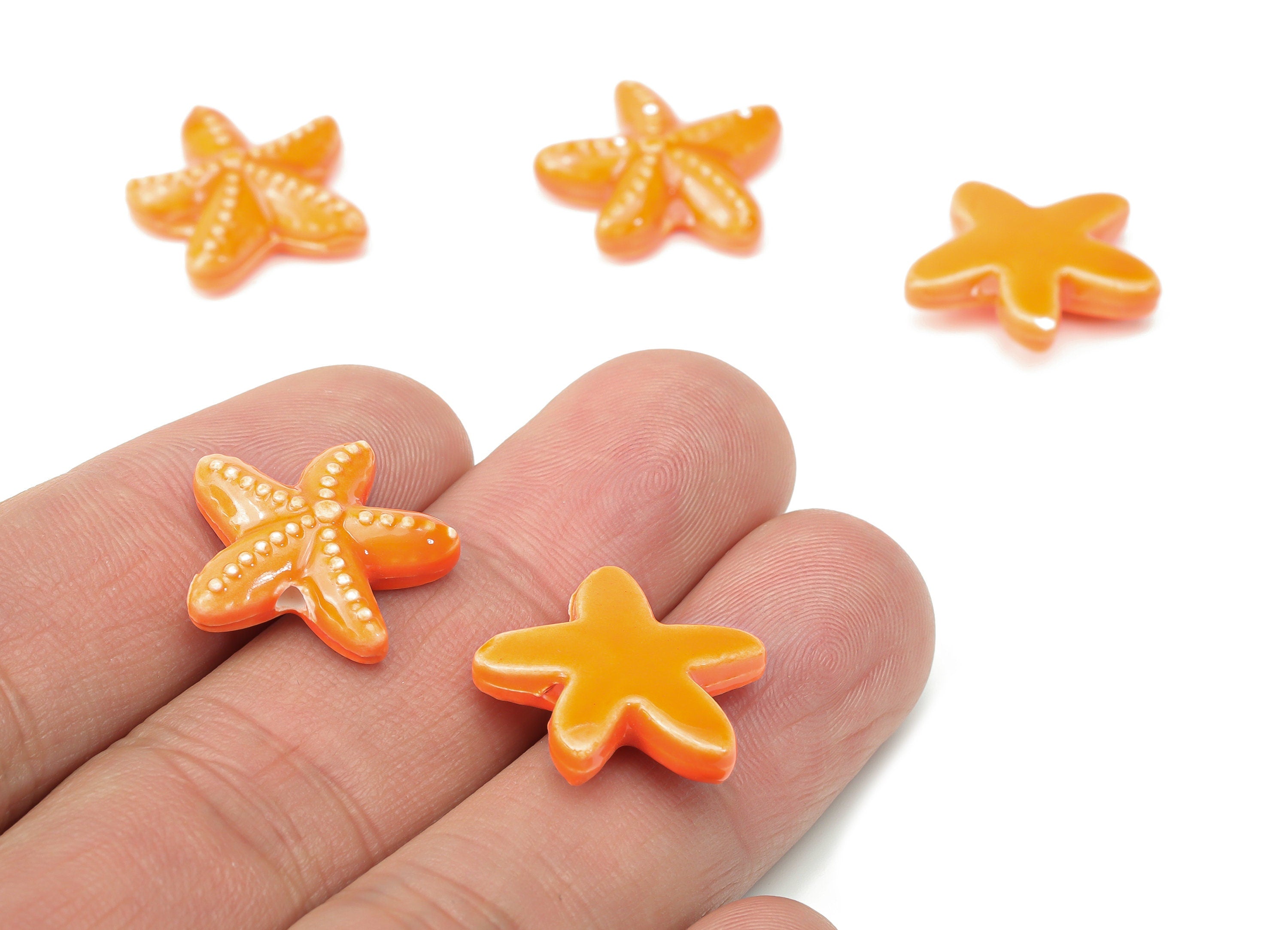 Glazed Ceramic Starfish Beads - Orange Carved Beads - Handmade Beads - Bracelet Beads - Connectors Beads - 17.8x17.8x5.84mm - NS1446A - DOMEDBAZAAR