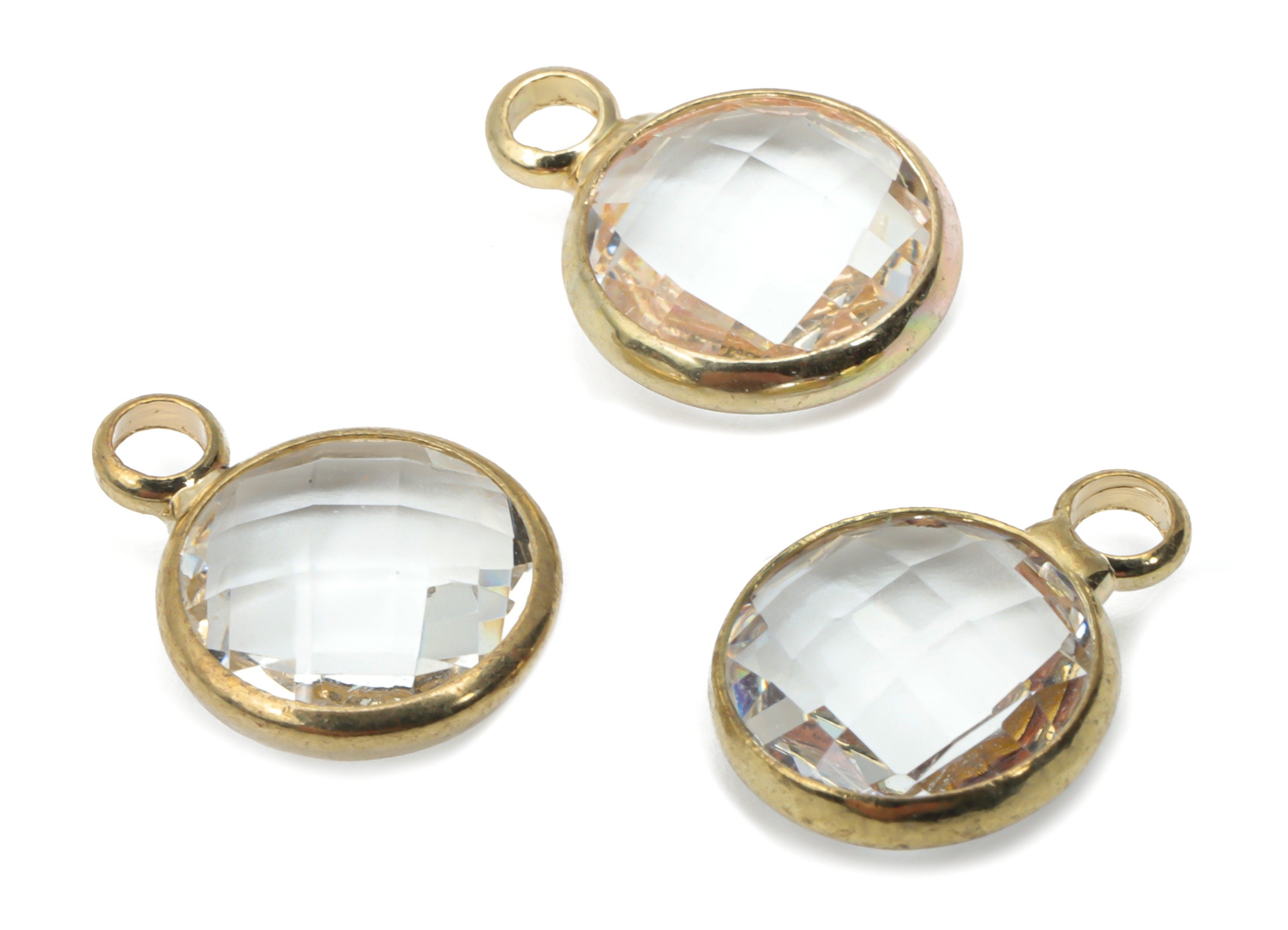 Glass Round Earring Charms With Loop - Brass Circle Frame Pendant - Gold Tone Plated Brass - Faceted Glass - 11.59x8.72x3.75mm - GS1120E - DOMEDBAZAAR