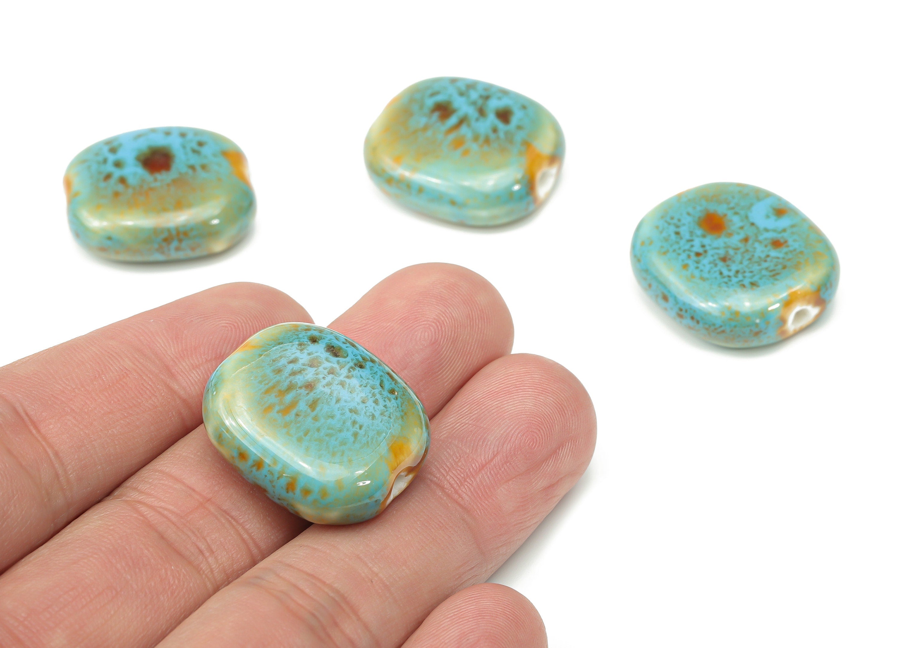 Glazed Ceramic Flat Beads - Carved Flat Beads - Handmade Beads - Bracelet Making Beads - Connectors Beads - 23.74x21.32x8.43mm - NS1790 - DOMEDBAZAAR