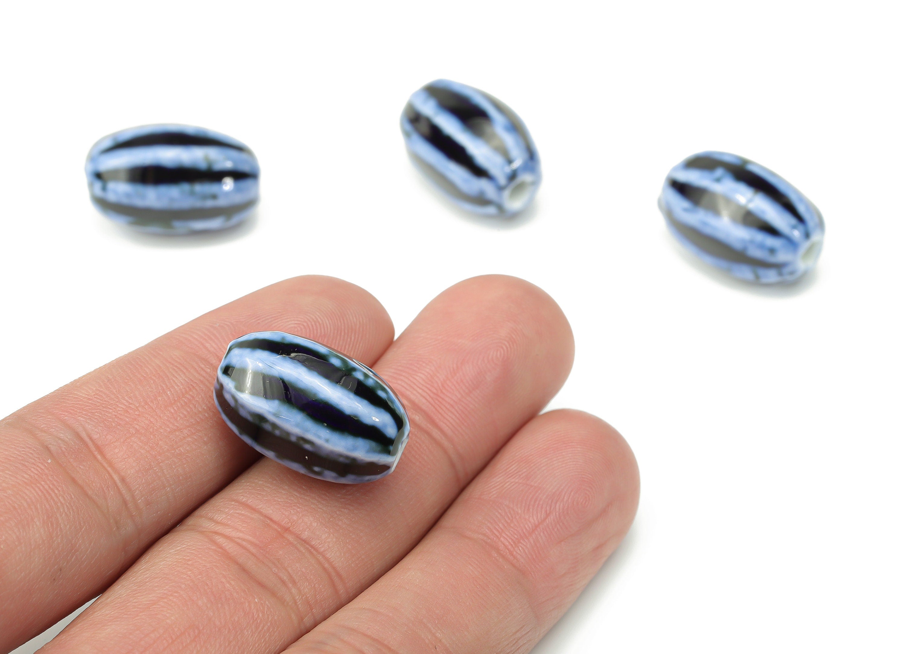 Glazed Ceramic Long Oval Beads - Carved Oval Beads - Handmade Beads - Bracelet Making Beads - Connectors Beads - 20.28x12.86x12.9mm - NS1793 - DOMEDBAZAAR