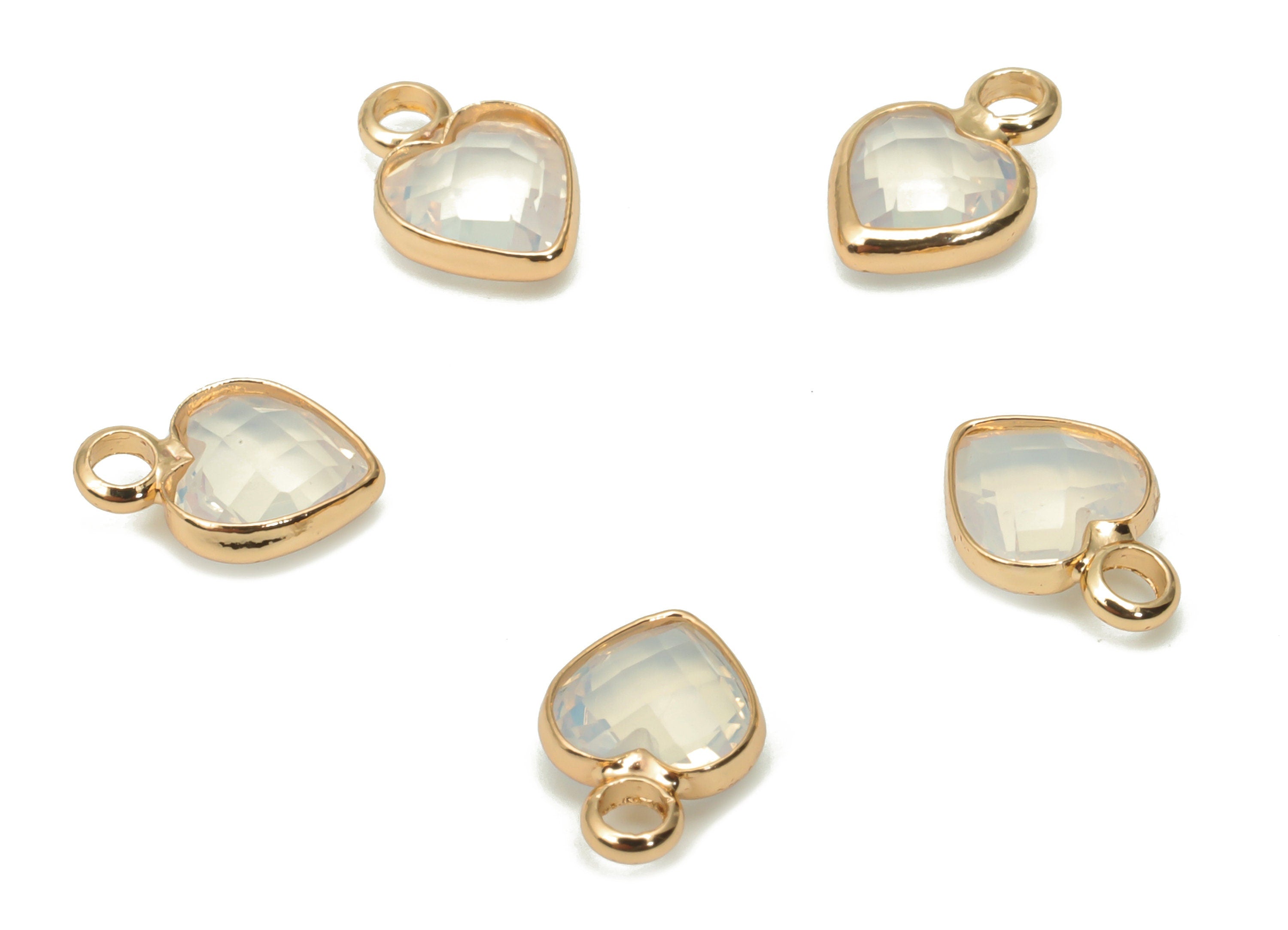 Glass Mini Heart Loop Earring Charms - Brass Mini Heart Frame Pendant - Gold Tone Plated Brass - Faceted Glass - 9.24x6.61x2.98mm - GS1102A - DOMEDBAZAAR