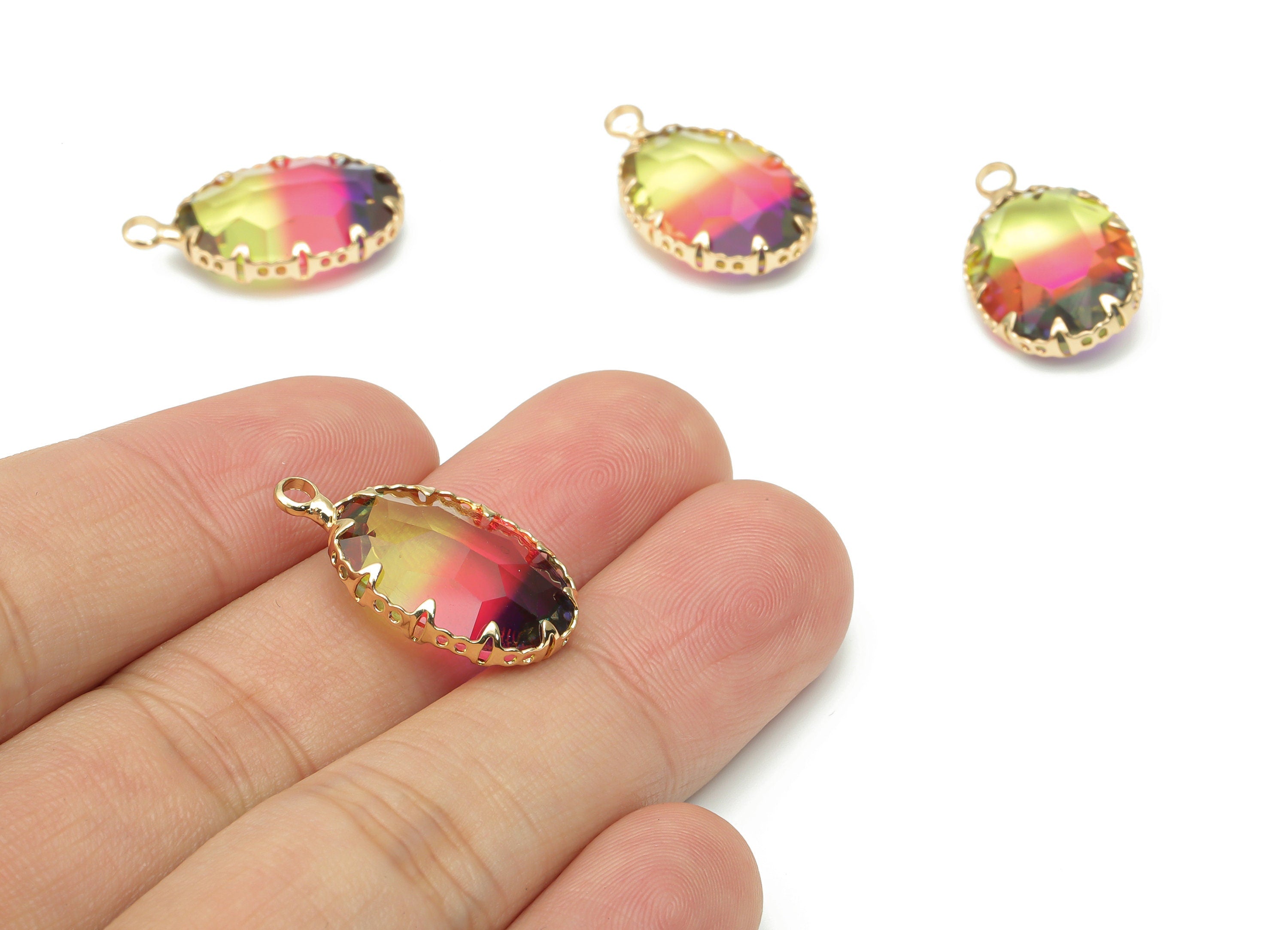 Glass Faceted Oval Earring With Loop - Brass Rainbow Oval Frame Pendant - Gold Tone Plated Brass - Faceted Glass - 22.5x13.6x6.2mm - GS1115B - DOMEDBAZAAR