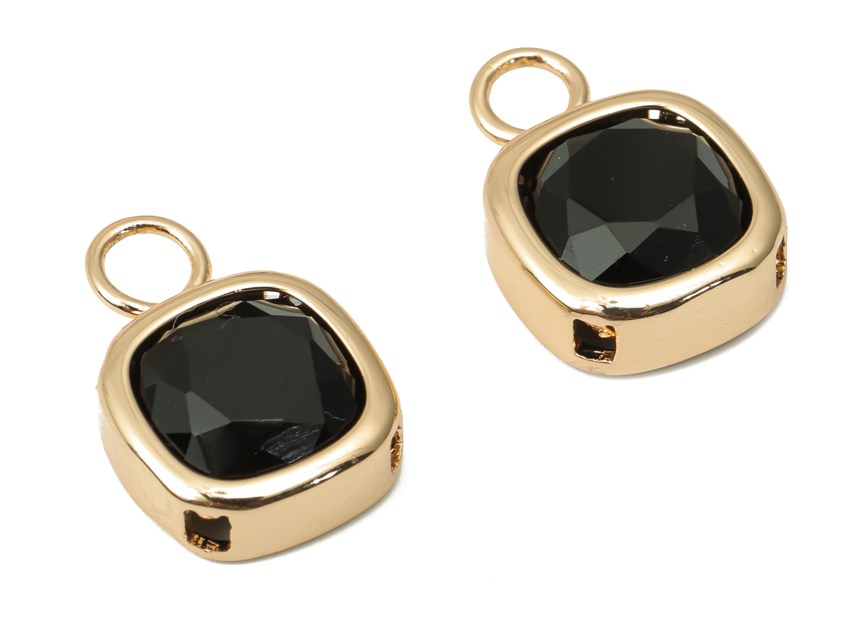 Glass Square Earring Charms with Loop - Black Brass Square Frame Pendant - Gold Tone Plated Brass - Faceted Glass - 17x12.03x5.1mm - GS1123G - DOMEDBAZAAR