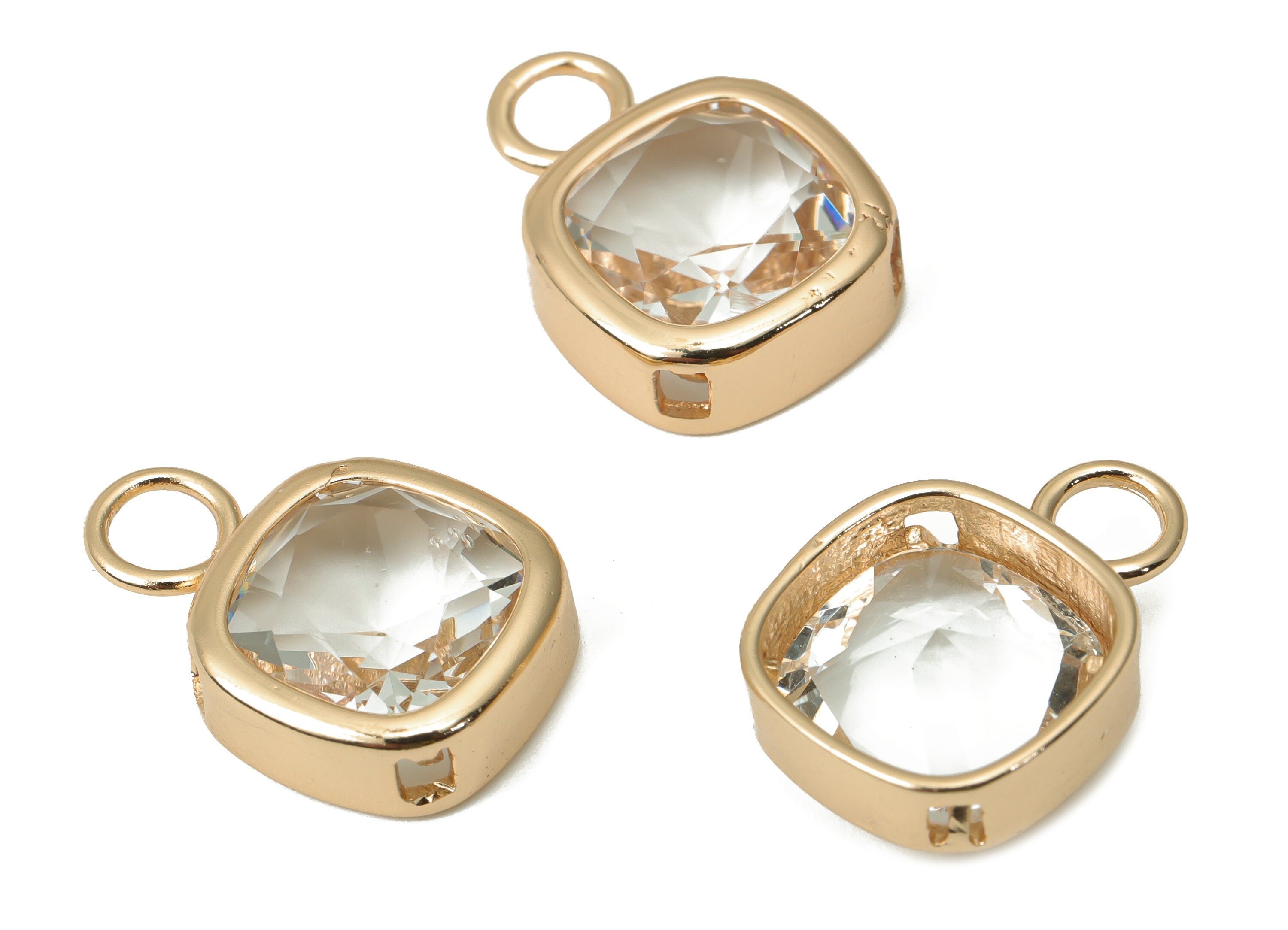 Glass Square Earring Charms with Loop - Brass Square Frame Pendant - Gold Tone Plated Brass - Faceted Glass - 17x12.03x5.08mm - GS1123F - DOMEDBAZAAR
