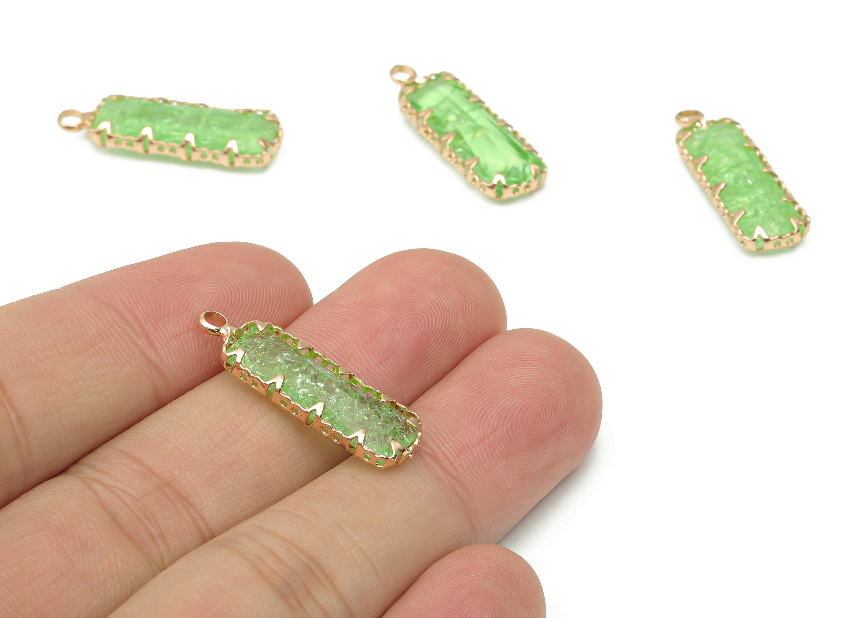 Glass Rectangle Earring Charms with Loop - Brass Rectangle Frame Pendant - Gold Tone Plated Brass - Faceted Glass - 26.3x8.2x4.4mm - GS1113B - DOMEDBAZAAR