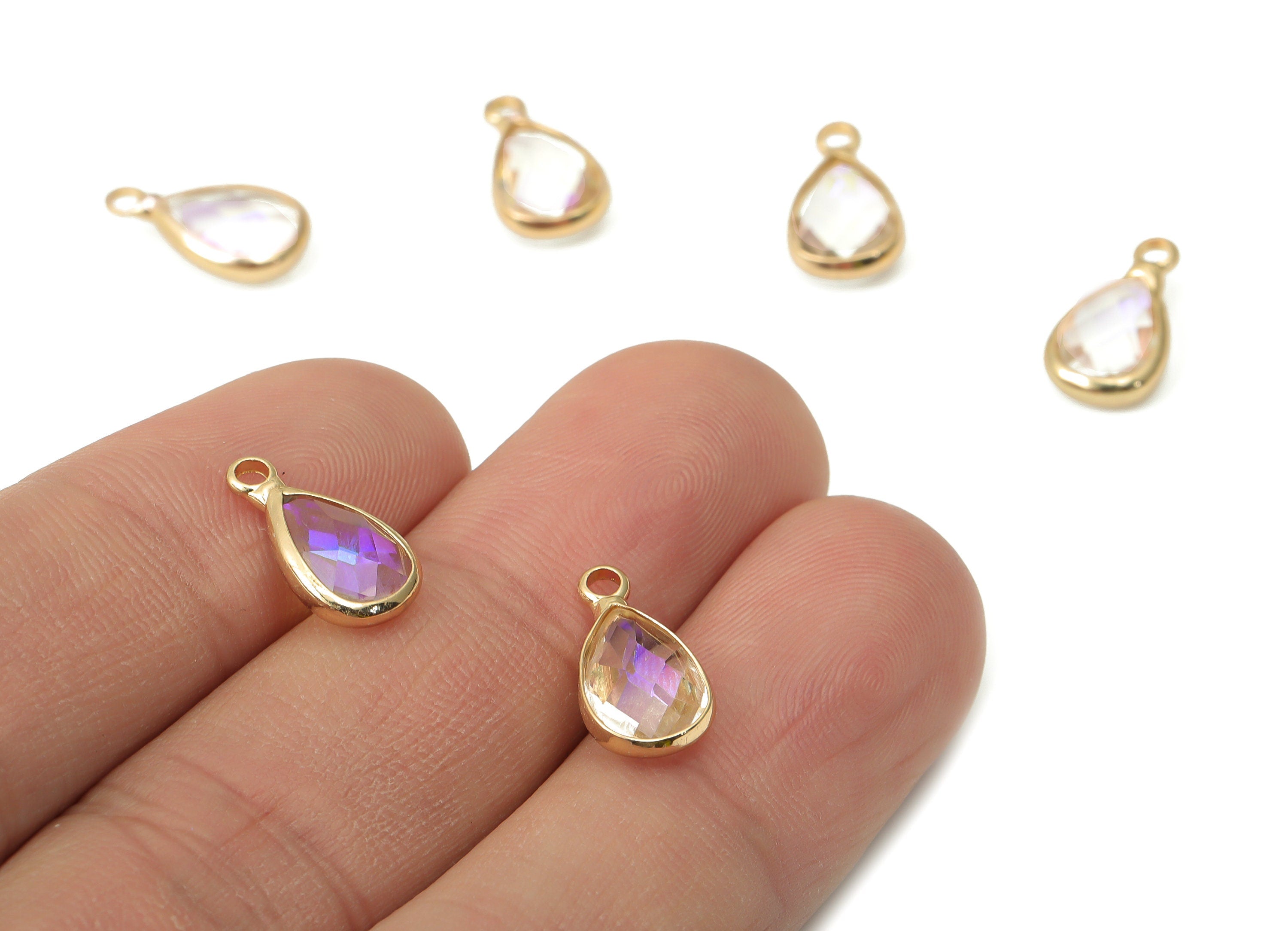 Glass Drop Earring Charms - Brass Teardrop Frame Pendant - Gold Tone Plated Brass - Faceted Glass - Jewelry Making - 13.7x7.4x3.5mm- GS1121H - DOMEDBAZAAR