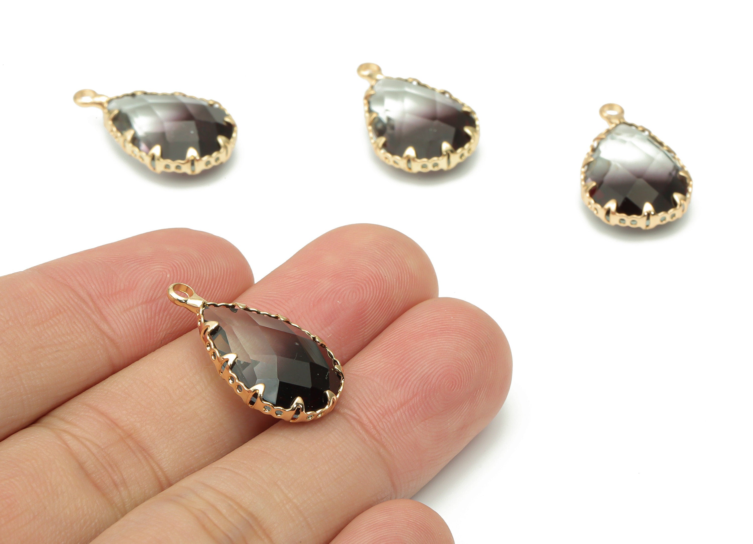 Glass Faceted Drop Charms with Loop - Brass Teardrop Frame Pendant - Gold Tone Plated Brass - Faceted Glass - 23.1x13.93x6.86mm - GS1116A - DOMEDBAZAAR