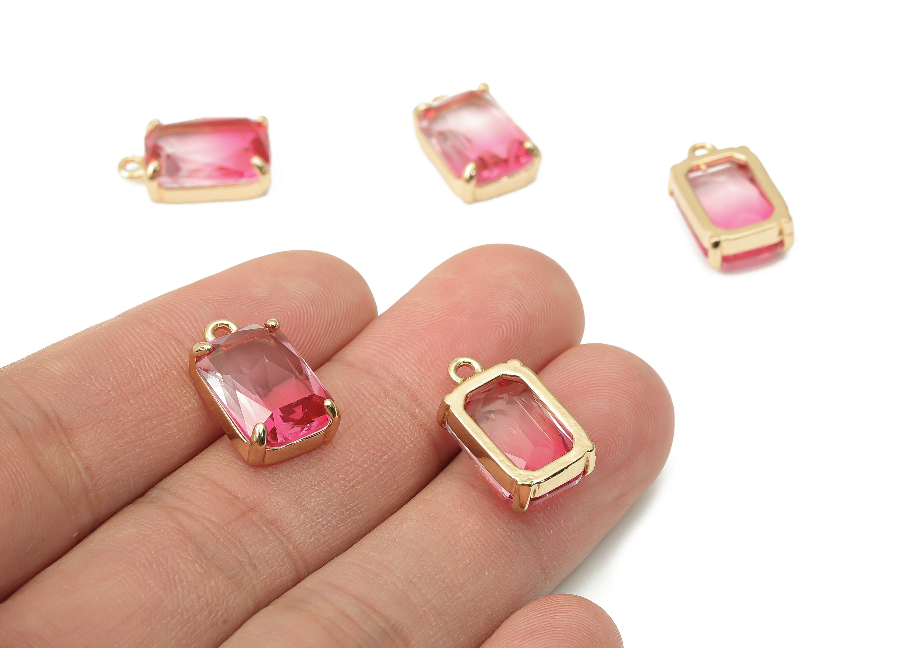 Glass Square Earring Charms with Loop - Brass Frame Square Pendant - Gold Tone Plated Brass – Faceted Glass - 16.8x10.25x5.66mm – GS1129E - DOMEDBAZAAR