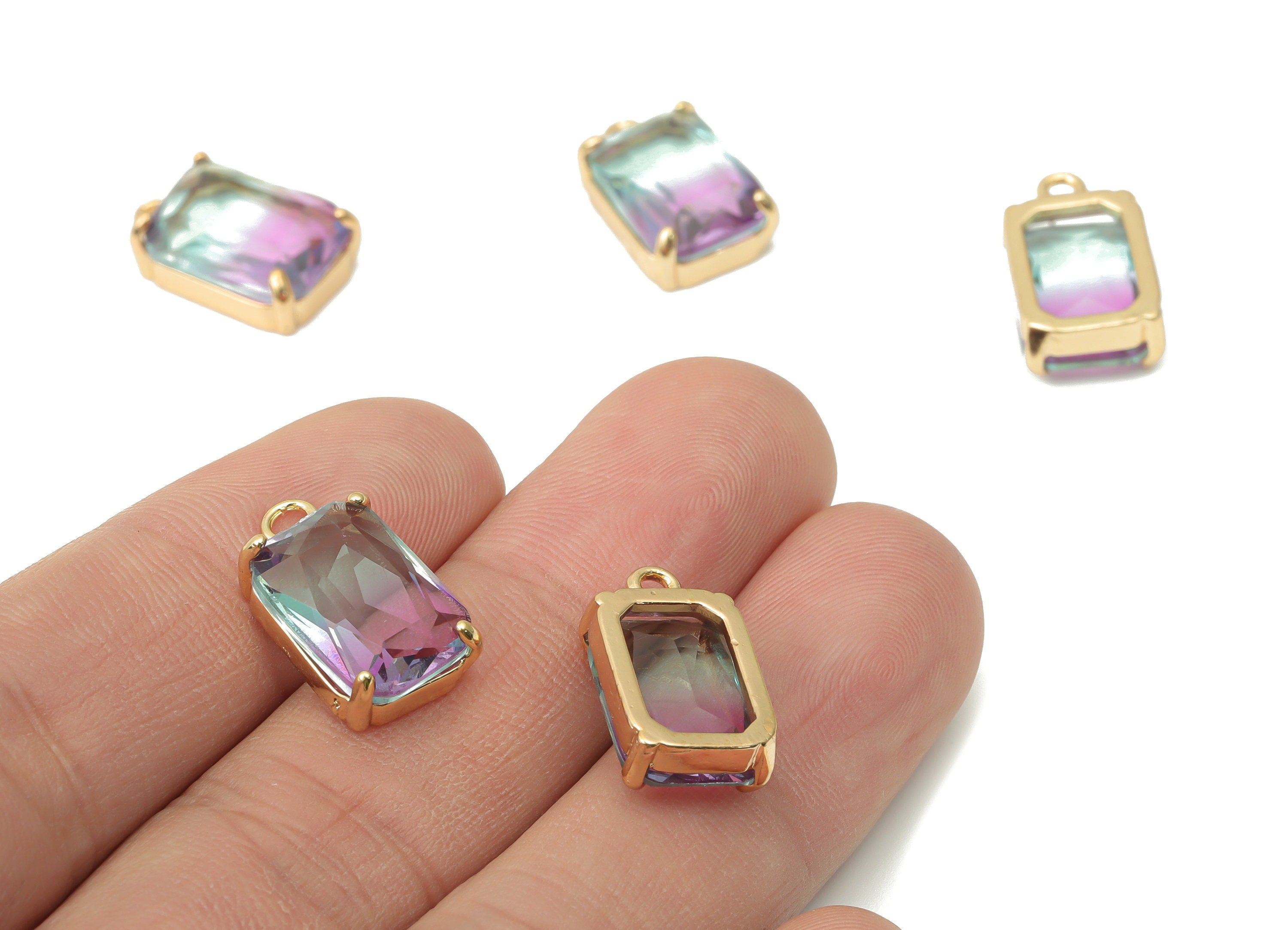 Glass Square Earring Charms with Loop - Brass Frame Square Pendant - Gold Tone Plated Brass – Faceted Glass - 16.8x10.25x5.66mm – GS1129G - DOMEDBAZAAR