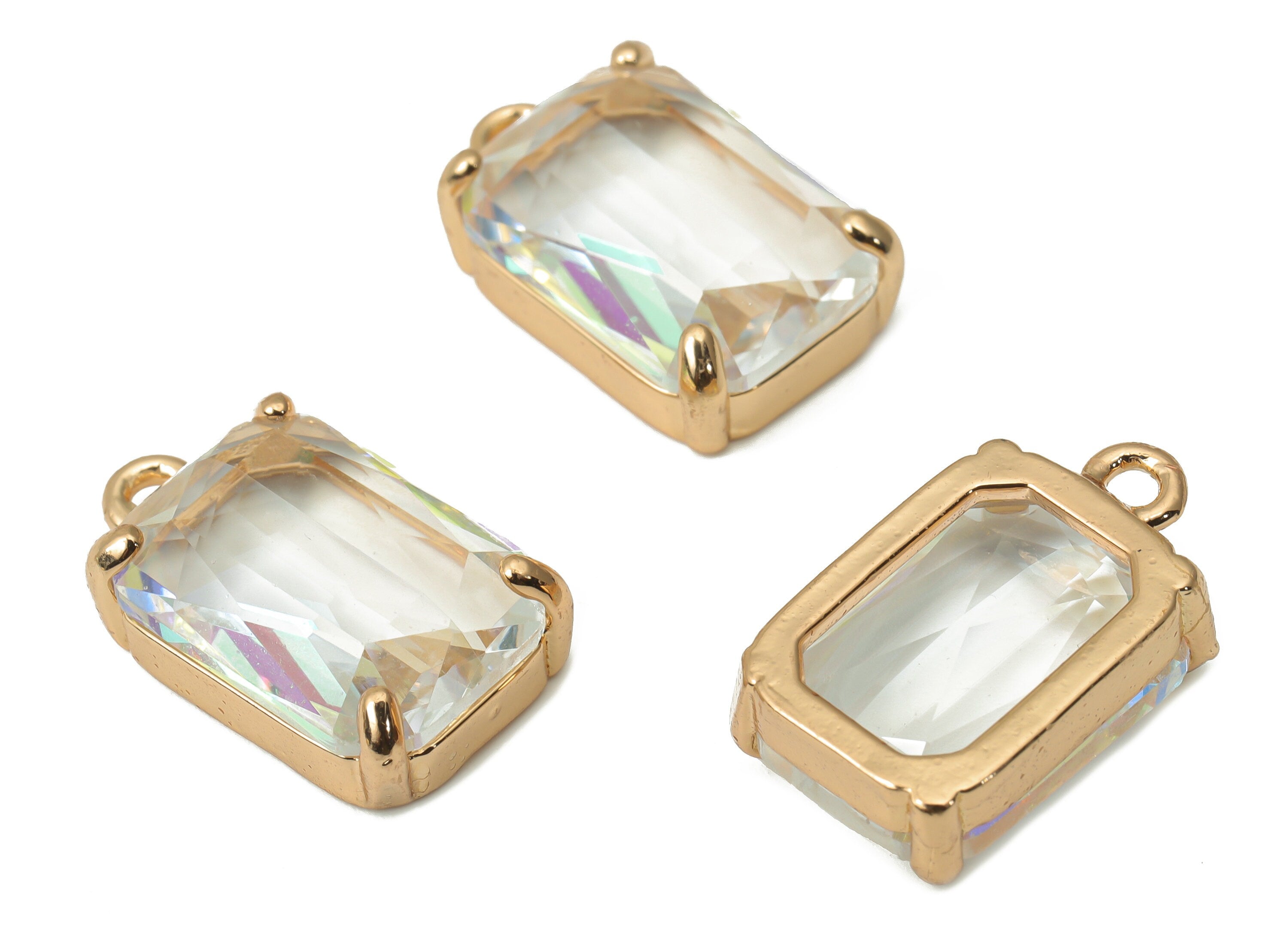 Glass Square Earring Charms with Loop - Brass Frame Square Pendant - Gold Tone Plated Brass – Faceted Glass - 16.8x10.25x5.66mm – GS1129H - DOMEDBAZAAR