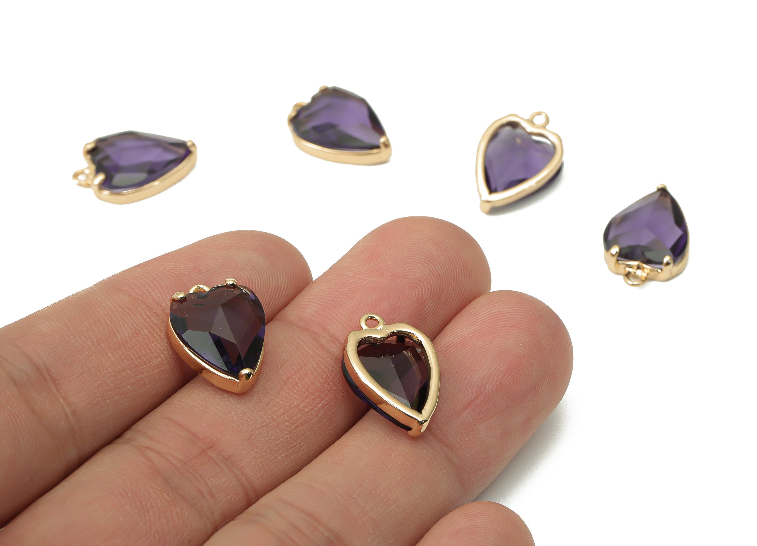 Glass Heart Earring Charms with Loop - Purple Brass Frame Heart Pendant - Gold Tone Plated Brass – Faceted Glass - 16.79x11.1x5.4mm– GS1130A - DOMEDBAZAAR