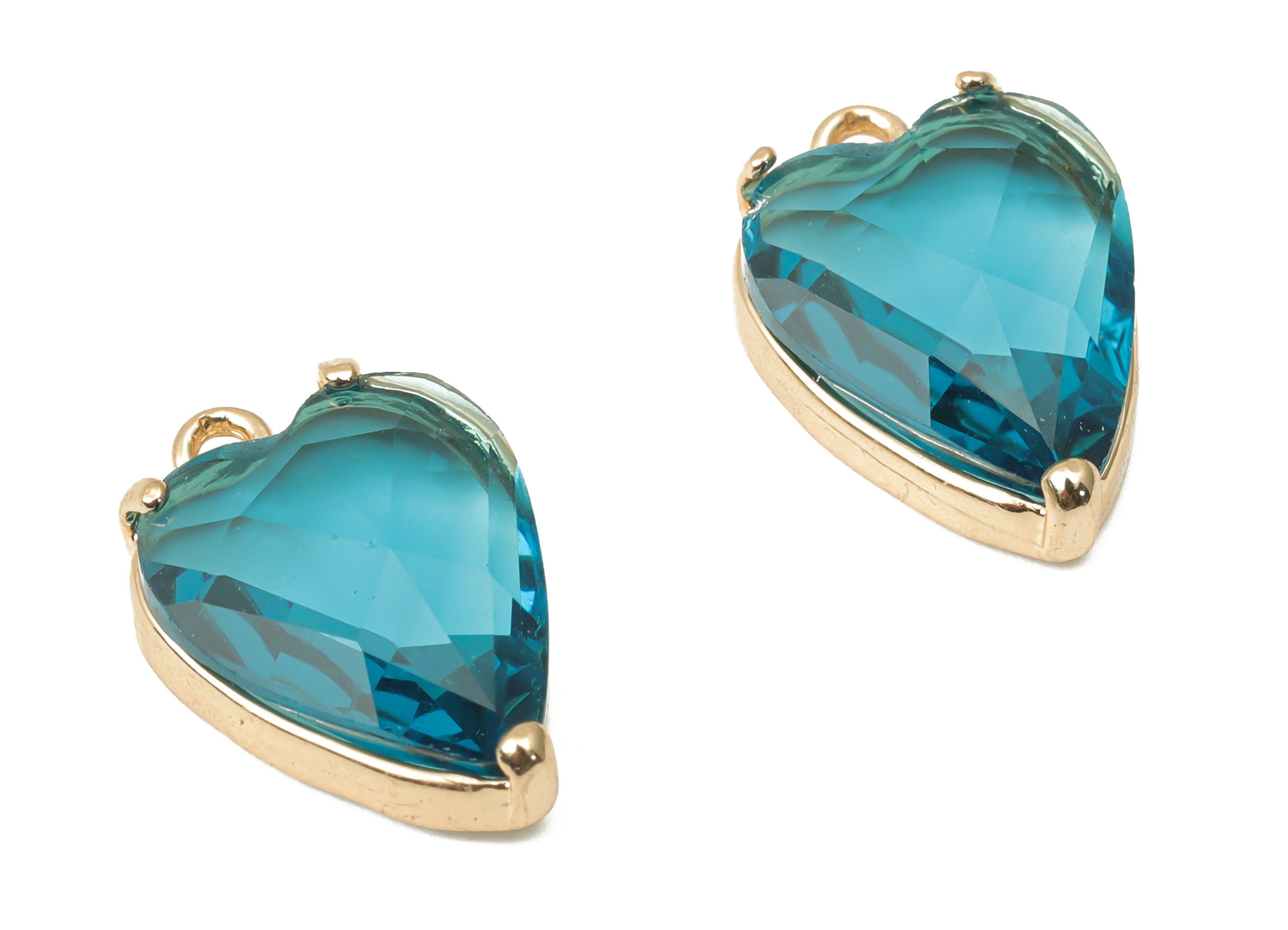 Glass Heart Earring Charms with Loop - Blue Brass Frame Heart Pendant - Gold Tone Plated Brass – Faceted Glass - 16.79x11.1x5.4mm – GS1130C - DOMEDBAZAAR