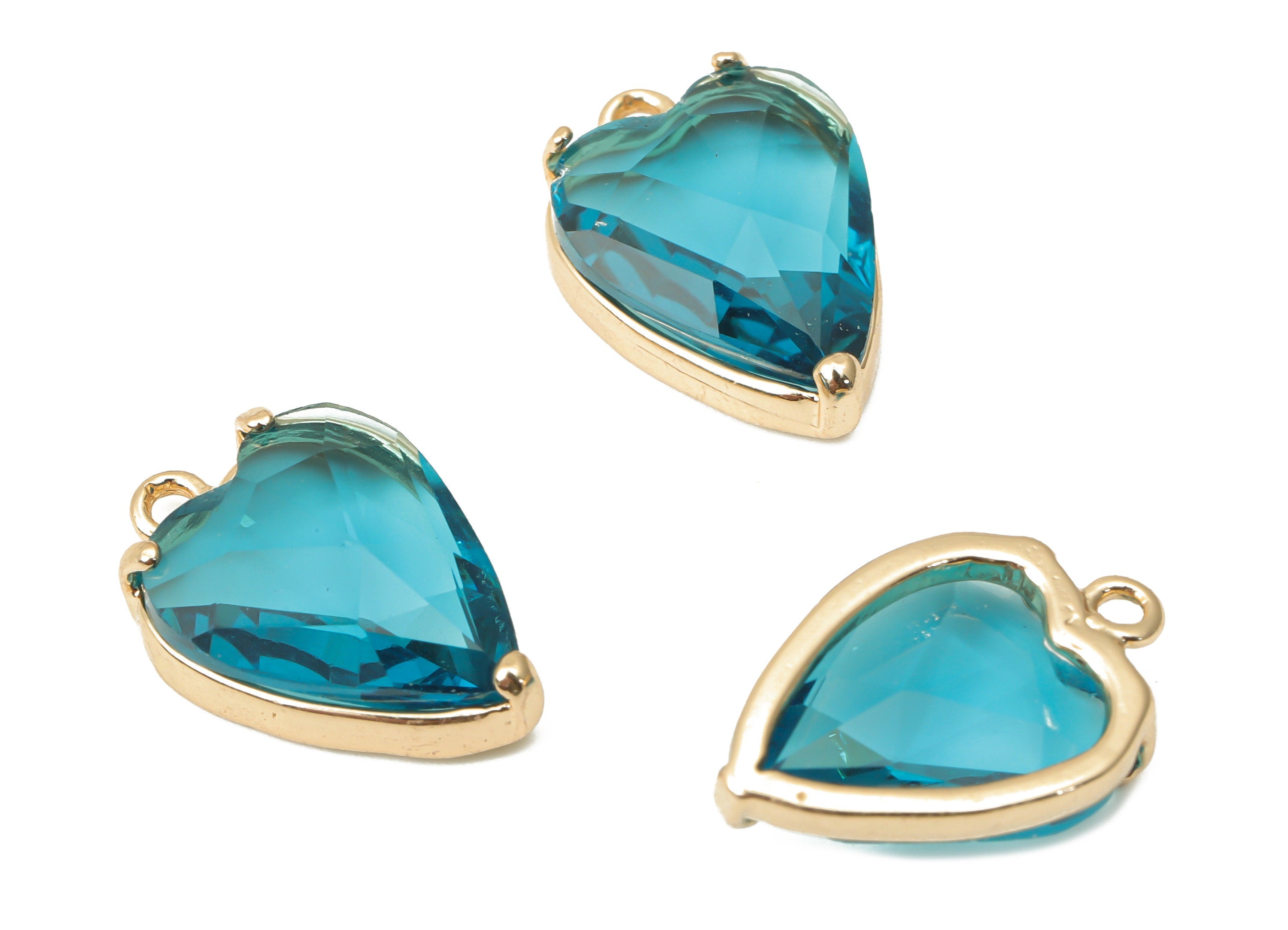 Glass Heart Earring Charms with Loop - Blue Brass Frame Heart Pendant - Gold Tone Plated Brass – Faceted Glass - 16.79x11.1x5.4mm – GS1130C - DOMEDBAZAAR
