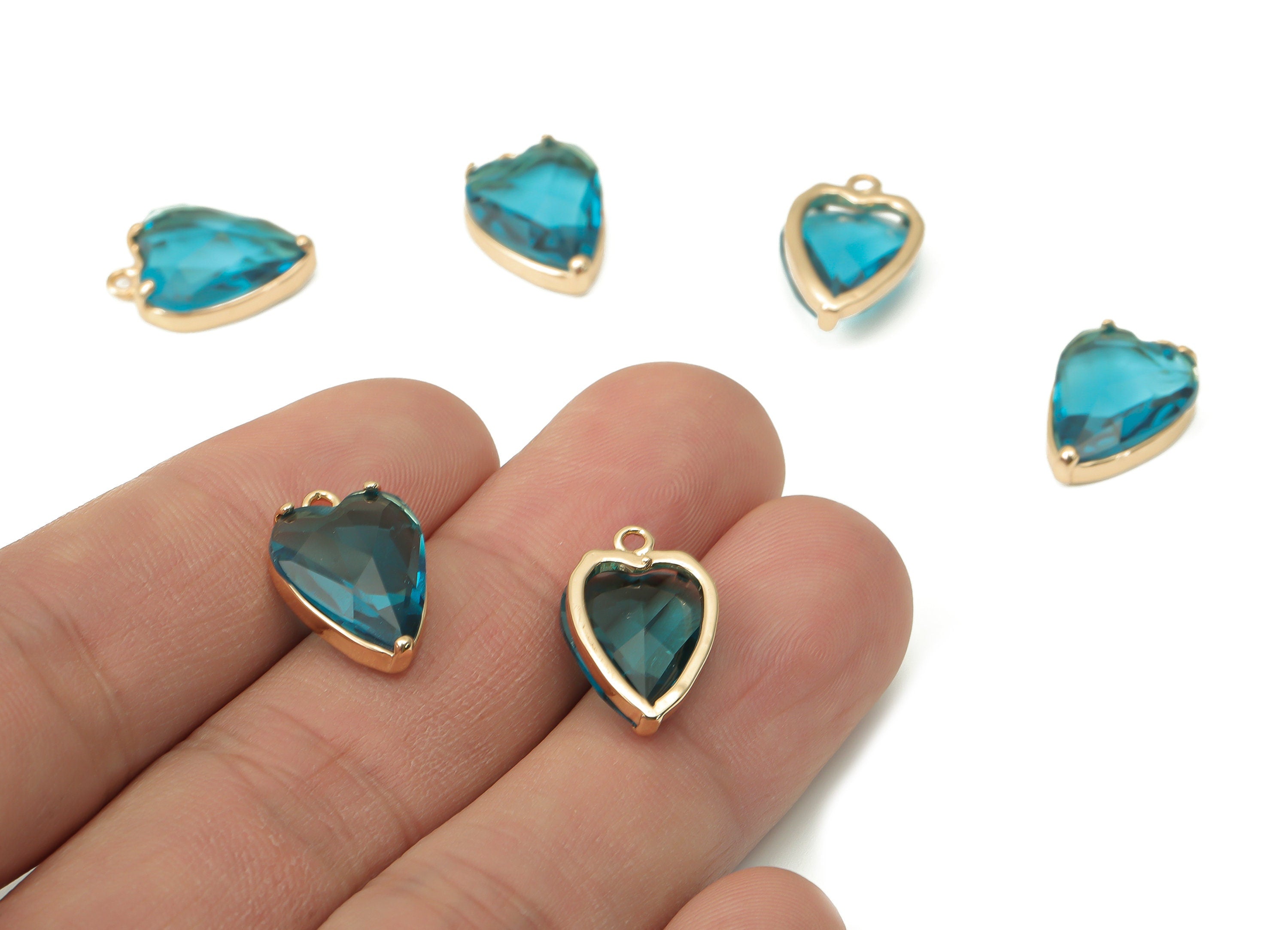 Glass Heart Earring Charms with Loop - Blue Brass Frame Heart Pendant - Gold Tone Plated Brass – Faceted Glass - 16.79x11.1x5.4mm – GS1130C - DOMEDBAZAAR