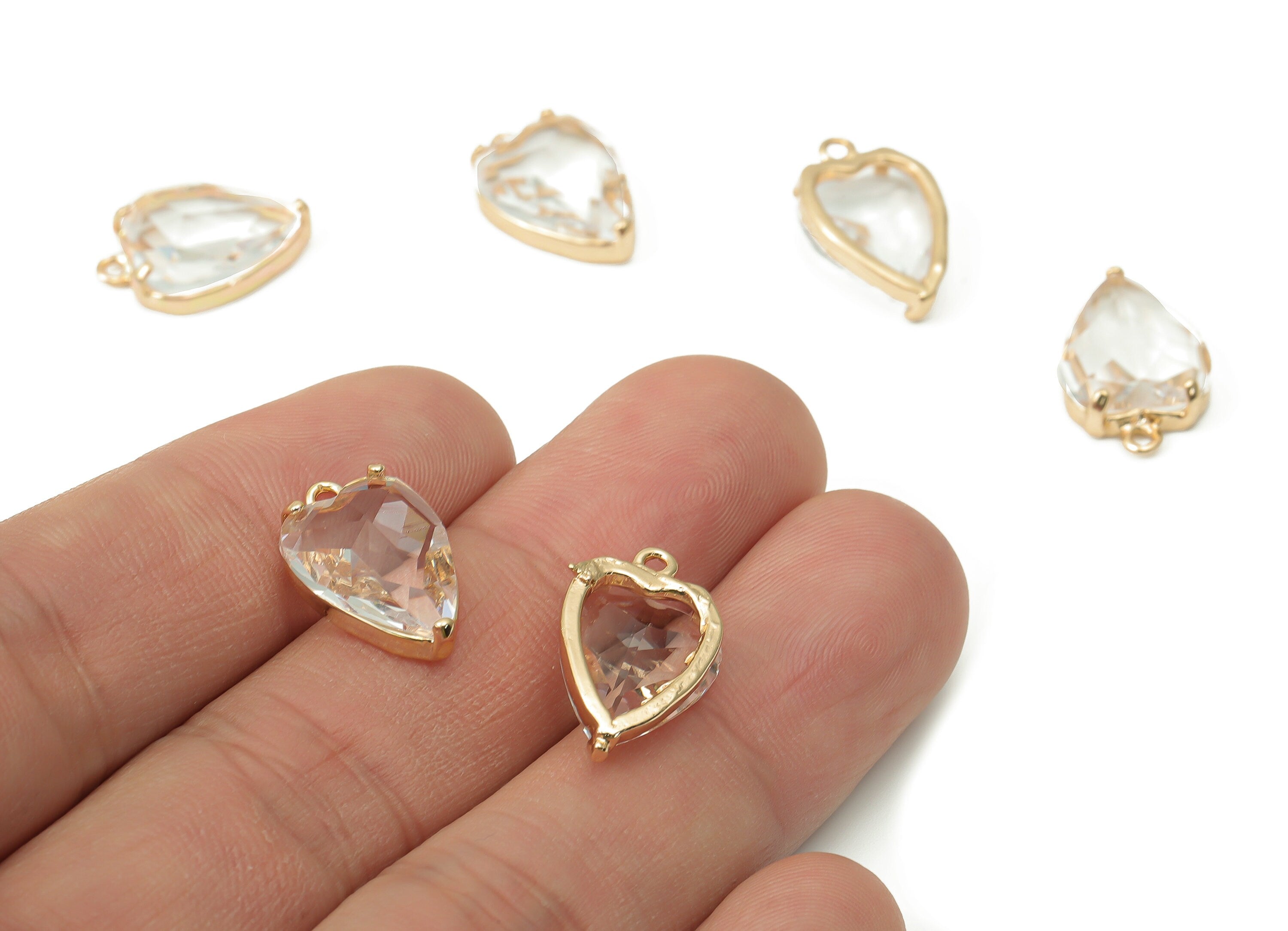 Glass Heart Earring Charms with Loop - Clear Brass Frame Heart Pendant - Gold Tone Plated Brass – Faceted Glass - 16.79x11.1x5.4mm – GS1130D - DOMEDBAZAAR