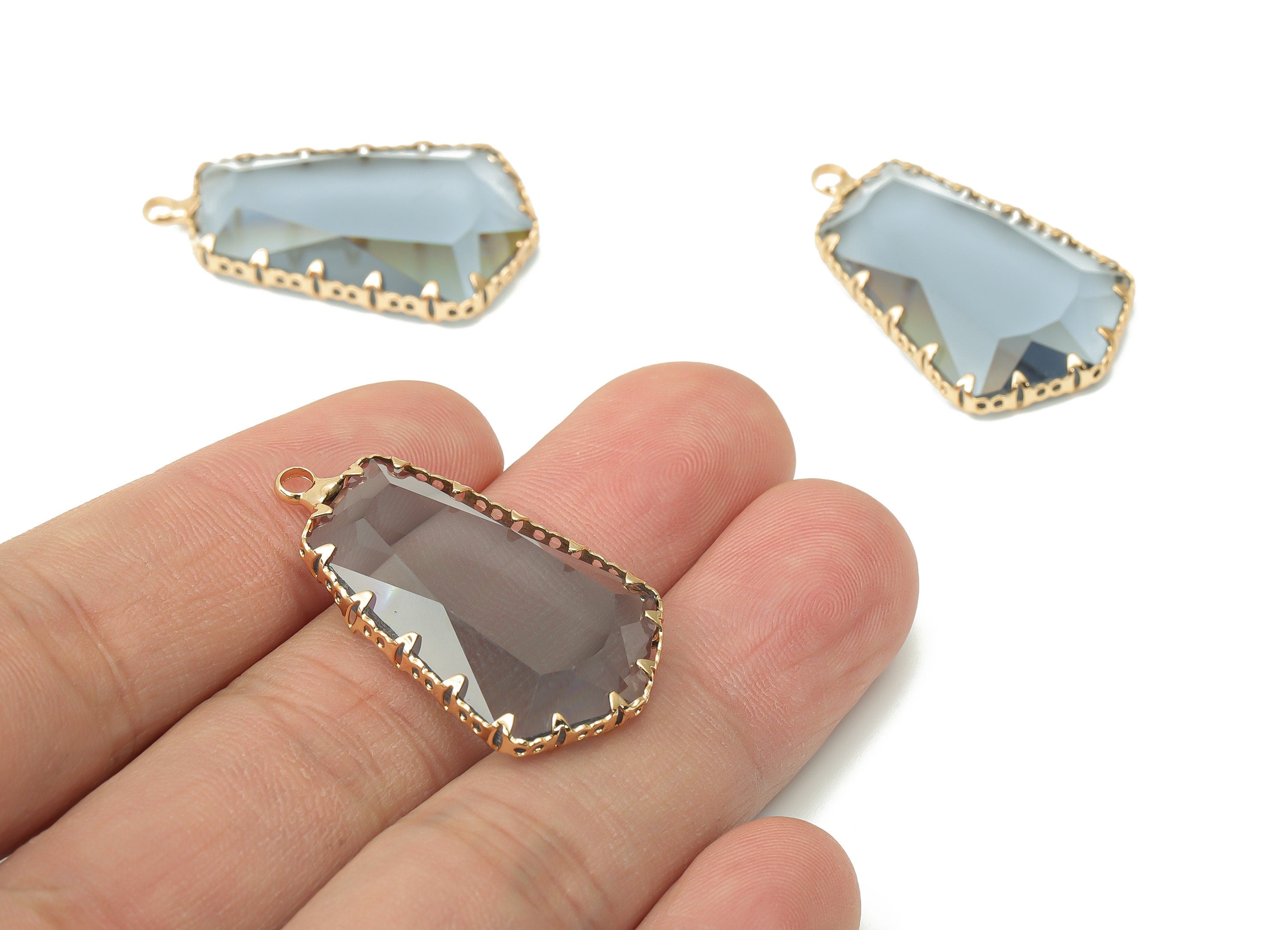 Glass Pentagon Charms with Loop - Gray Brass Pentagon Frame Pendant - Gold Tone Plated Brass - Faceted Glass - 34.12x19.6x4.8mm - GS1132D - DOMEDBAZAAR