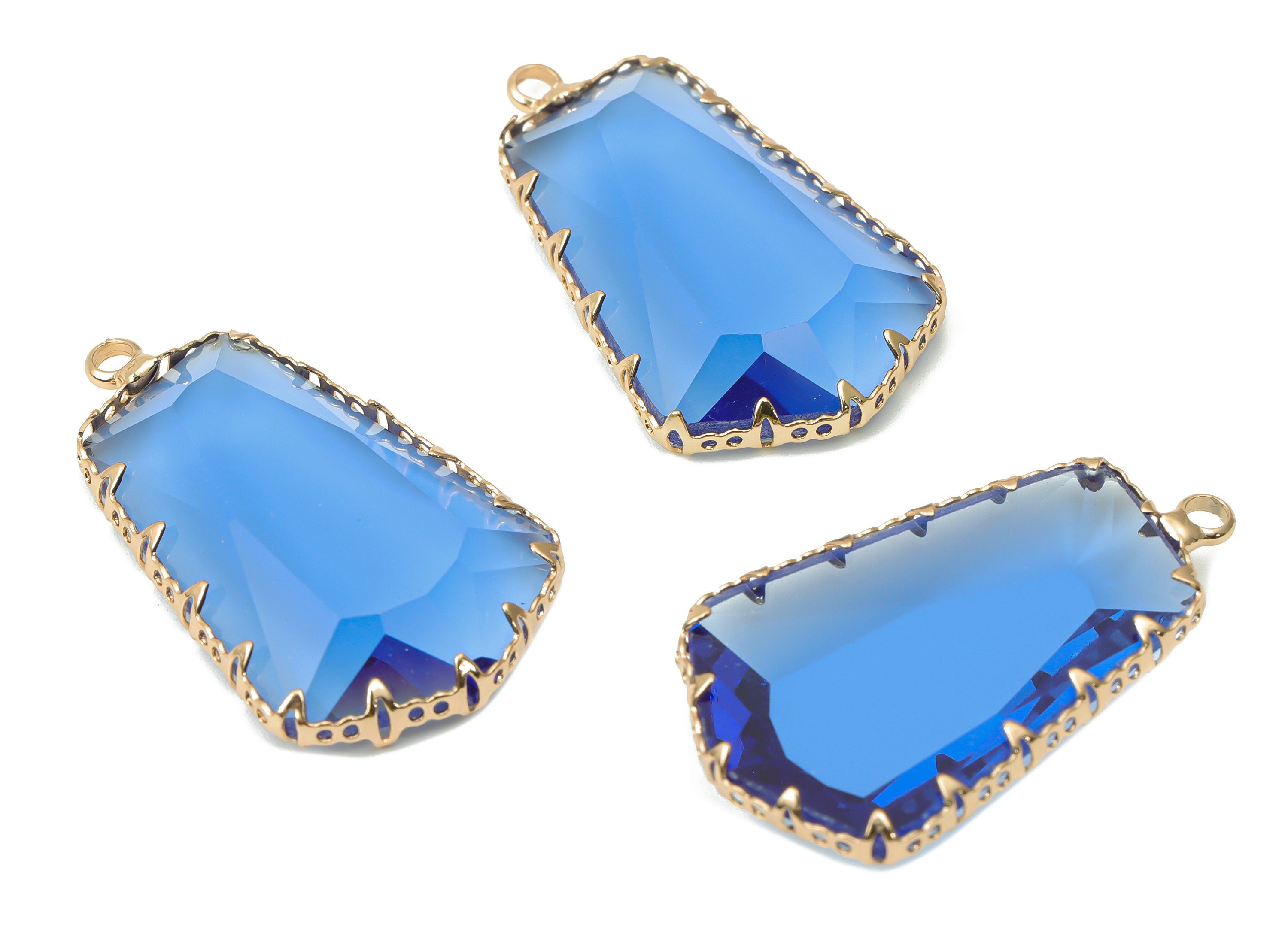 Glass Pentagon Charms with Loop - Blue Brass Pentagon Frame Pendant - Gold Tone Plated Brass - Faceted Glass - 34.12x19.6x4.8mm - GS1132E - DOMEDBAZAAR
