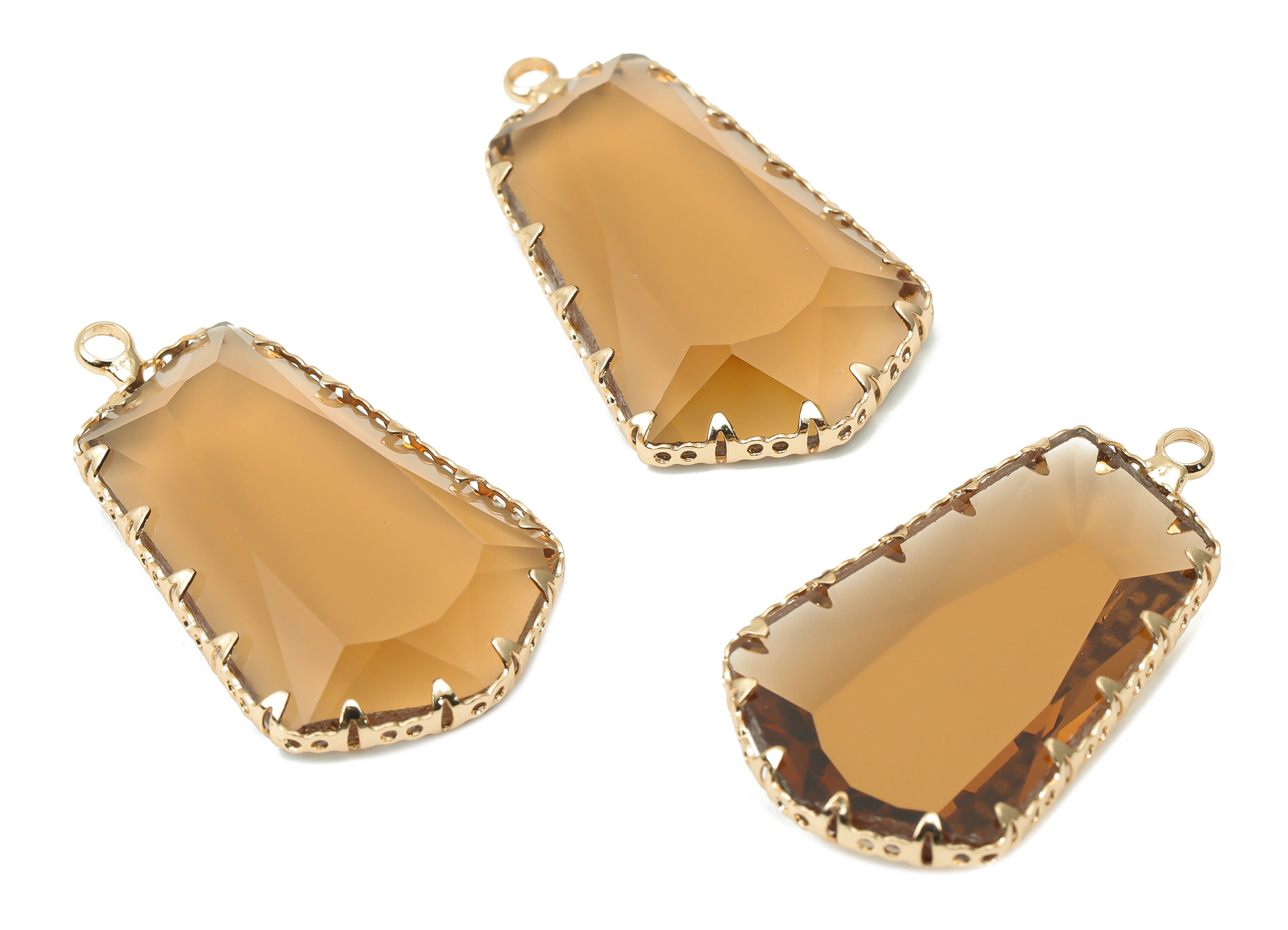 Glass Pentagon Charms with Loop - Brown Brass Pentagon Frame Pendant - Gold Tone Plated Brass - Faceted Glass - 34.12x19.6x4.8mm - GS1132F - DOMEDBAZAAR