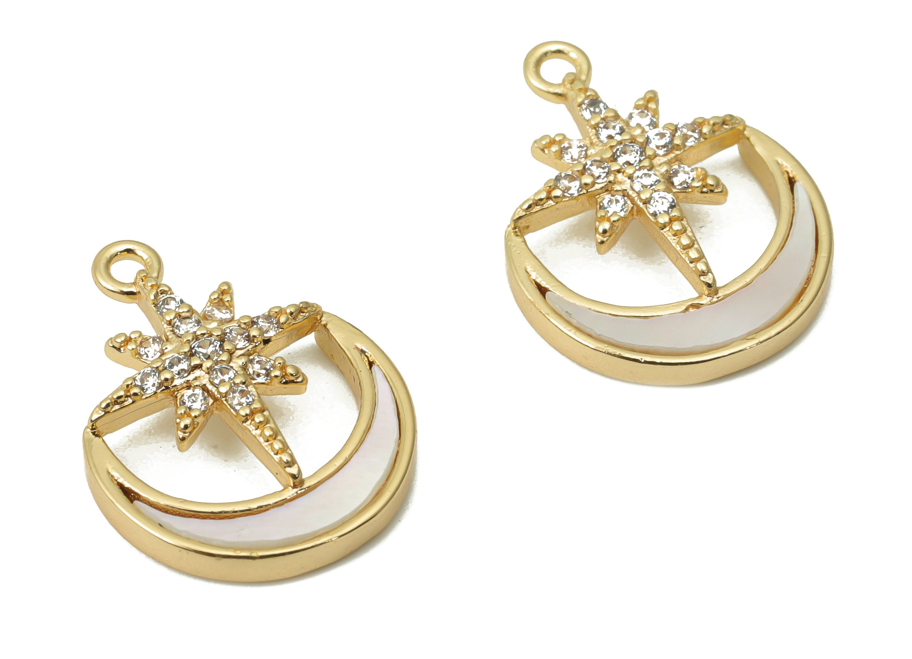 Brass Crescent Earring Charms with Zincons - Shell Moon Star Pendant - 18K Real Gold Plated - 14.75x11.44x2.91mm - RGP4384 - DOMEDBAZAAR