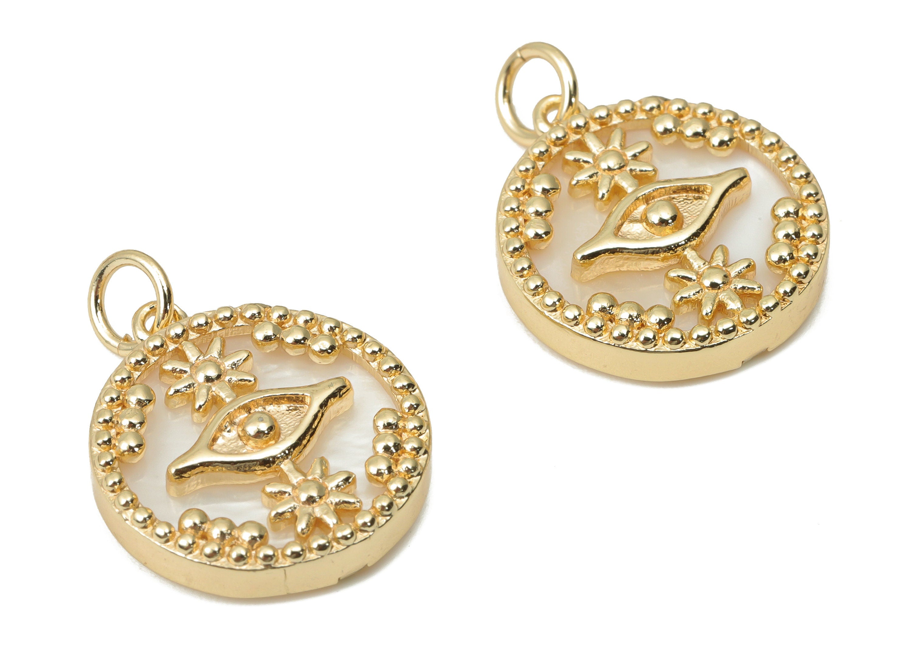 Brass Round Planet Eye Earring Charms - Shell Star Beads Circle Pendant - 18K Real Gold Plated Brass - 17.62x15.72x3.32mm - RGP4380 - DOMEDBAZAAR